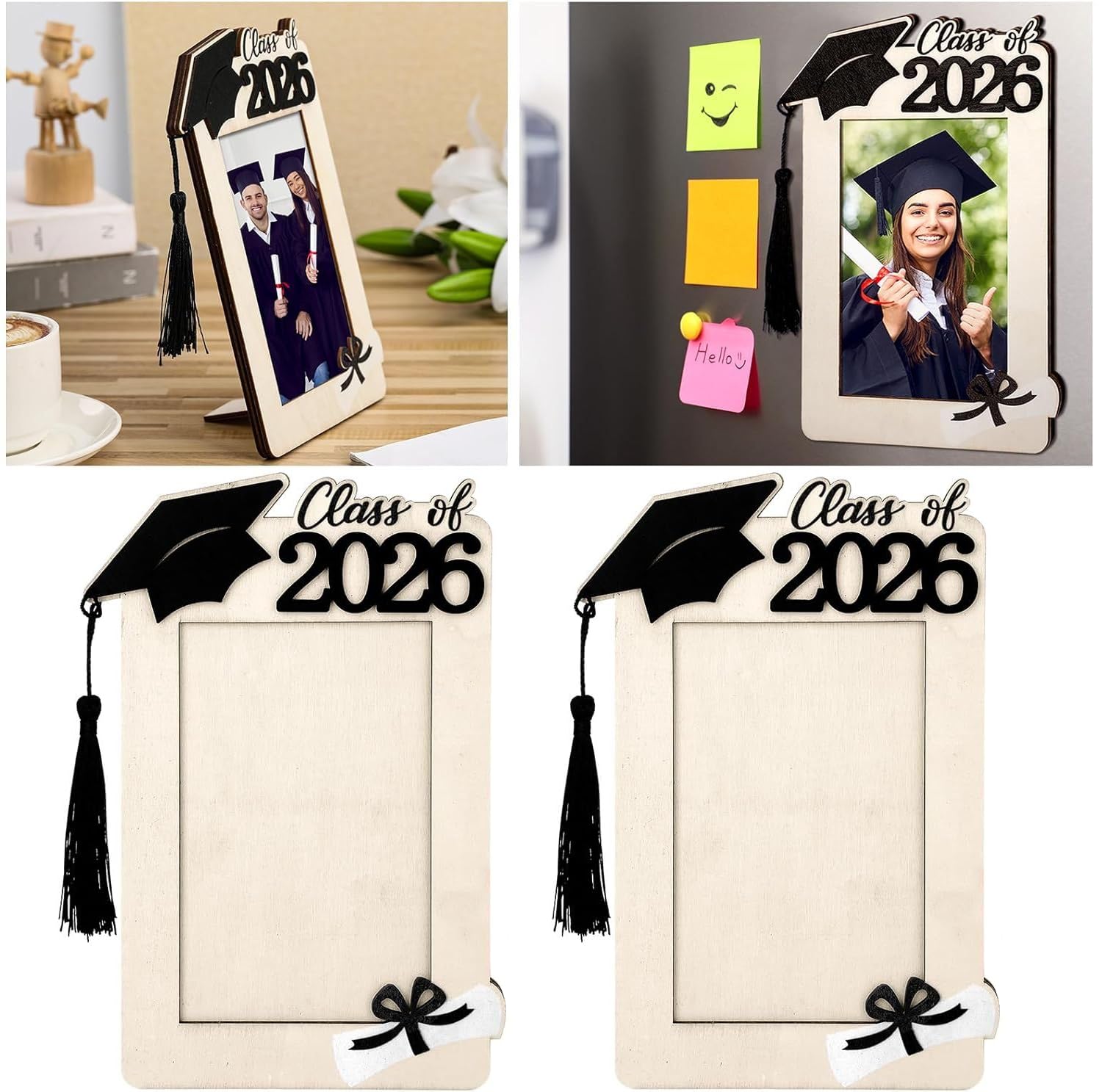 2 Pcs Class of 2026 Graduation Picture Frames, Wood Photo Frames with Grad Cap and Diploma Design, 4x6 Inch, Dual Display for Tabletop, Graduation Gifts and Decor
