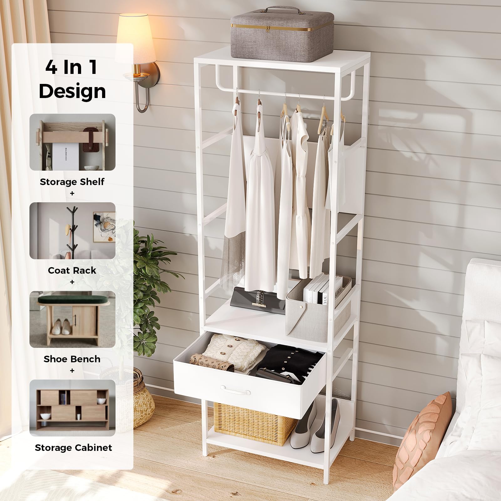VOWNER Appendiabiti da Terra, Mobile Ingresso con Panca, 4 in 1, Attaccapanni con Barra e Cassetti, Stand Appendiabiti in Acciaio Inox, Mobile Ingresso Multifunzionale con Scarpiera, 60x180x40cm