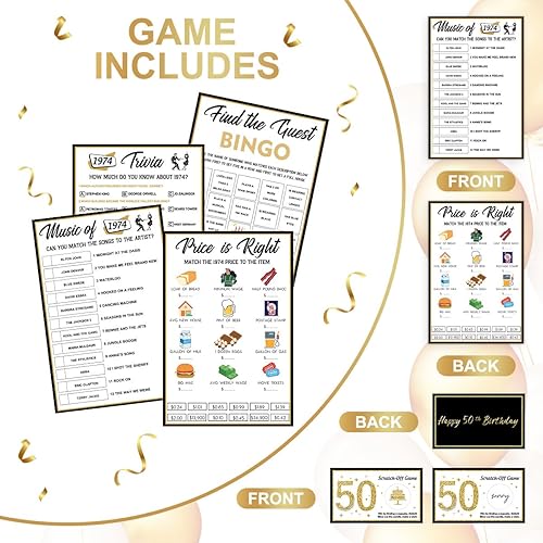 Miniatura 2 de Juegos de fiesta de cumpleaños número 50  Paquete de música en 1974  Juego de 4 juegos para 20 invitados  50 aniversario de boda  Suministros de
