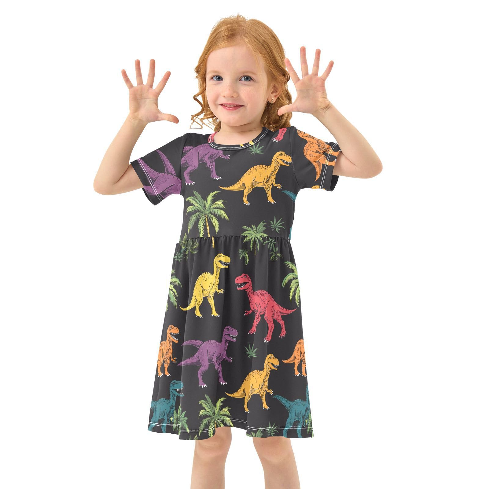 Wusikd Dinosaurs Girl Short Sleeve Tank Dress Colors Leaves Crewneck Twirl Swing Dress for Kids 3T