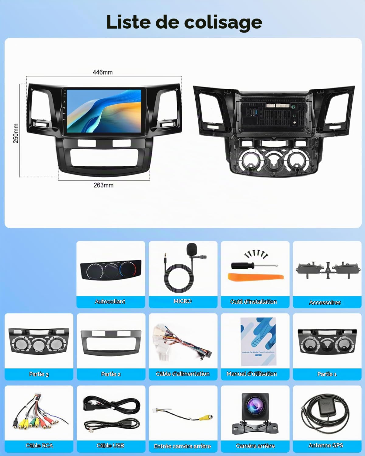NHOPEEW Autoradio Android 2G+64G pour Toyota Hilux 2005-2014 - sans Fil Carplay & Android Auto - Stéréo Android 9 Pouces avec WiFi EQ GPS Mirror Link FM RDS + AHD Caméra de recul&Mic
