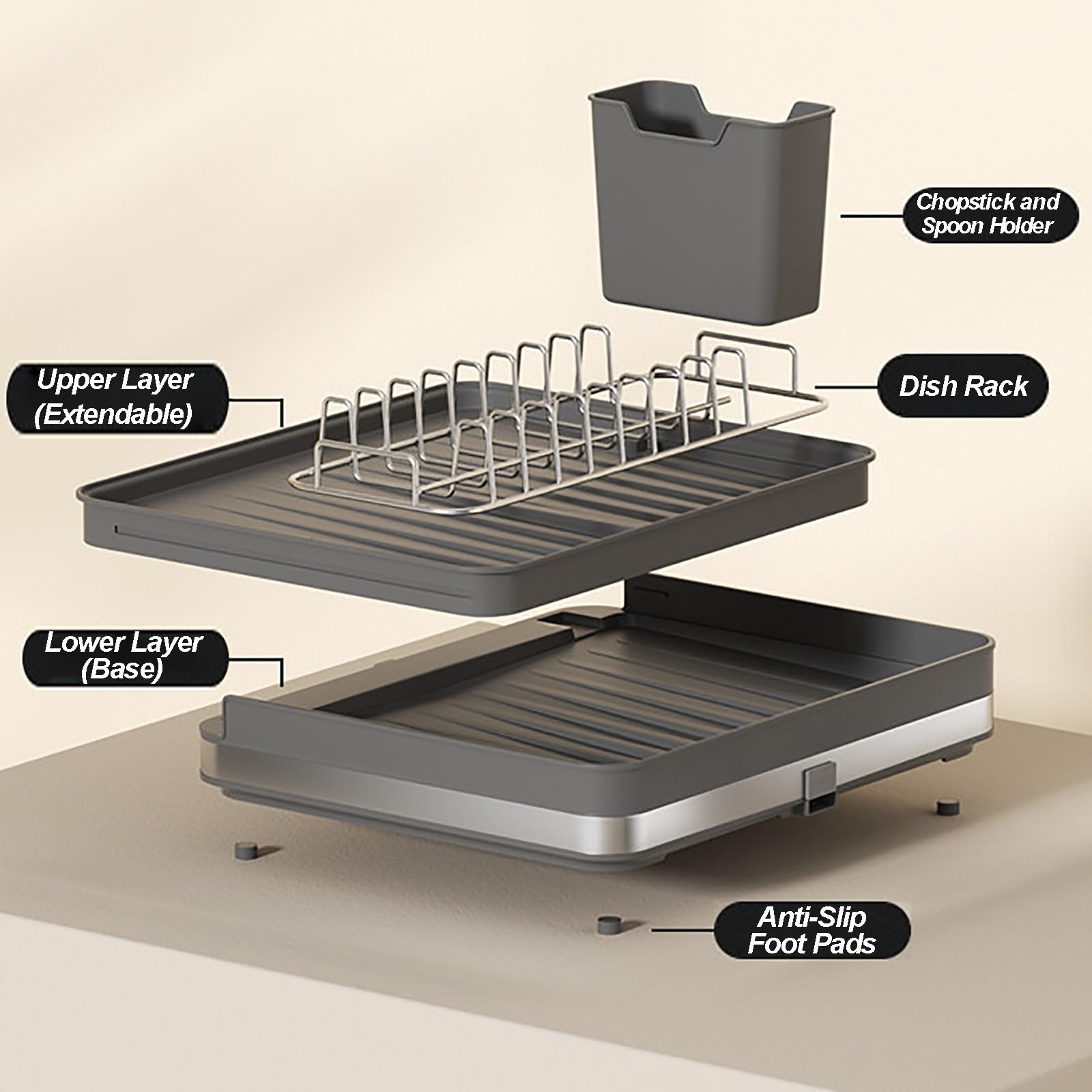 OvertheSink Abtropfgestell, erweiterbares Abtropfgestell aus Metall und Kunststoff, mit Abtropfschale, geteilter Sto für Küchentheke, Grau