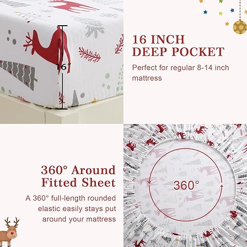 Miniatura 5 de Juego de sábanas de franela de Navidad tamaño King, juego de sábanas navideñas de 100 % algodón, sábana bajera de bolsillo profundo, sábana de