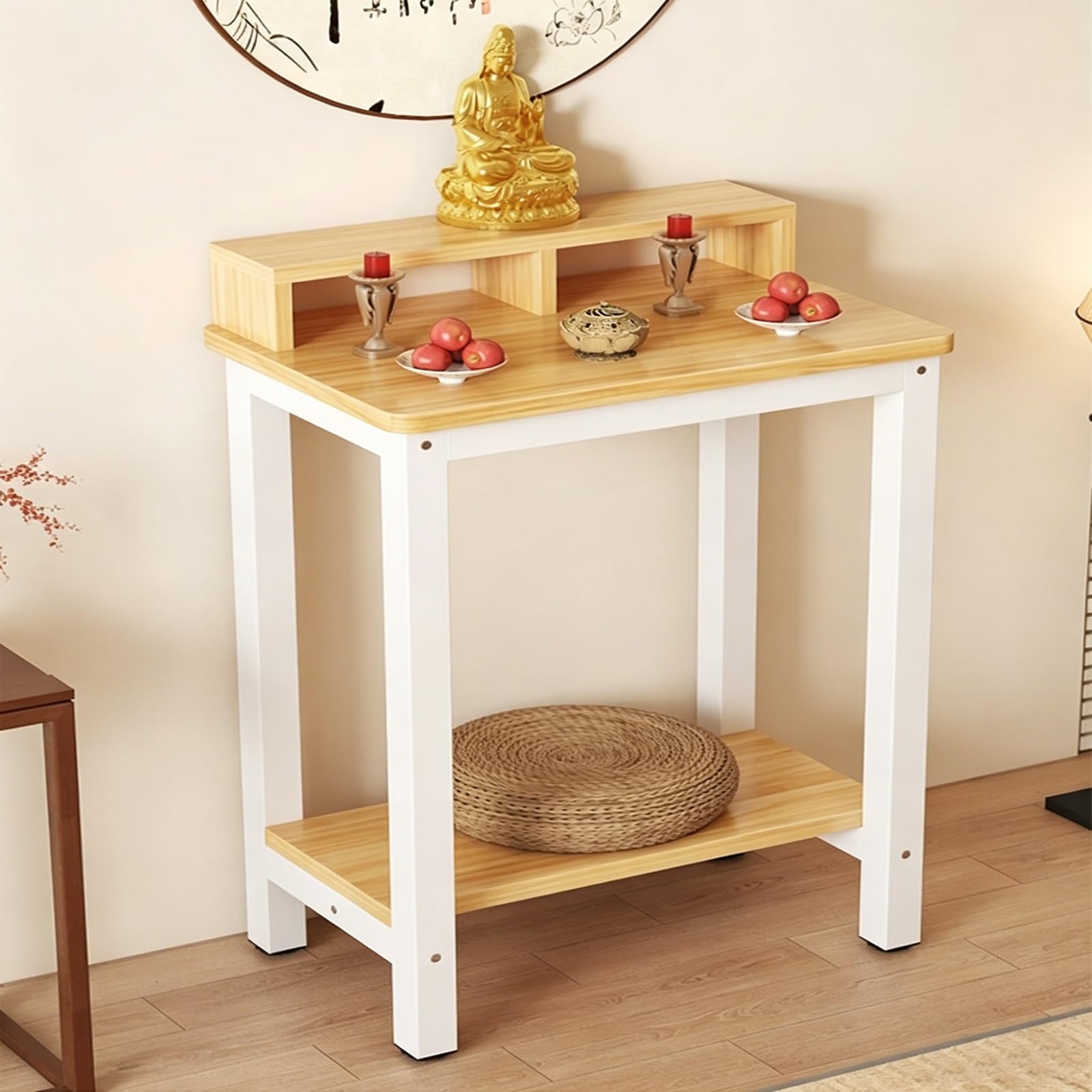 JNTFNE Metal Frame Meditation Altar Table, Buddha Puja Board with Storage, Prayer Stand Display Rack, for Living Rooms, Office, Shrines, Temples(Wood 2,80cm/31.5in)