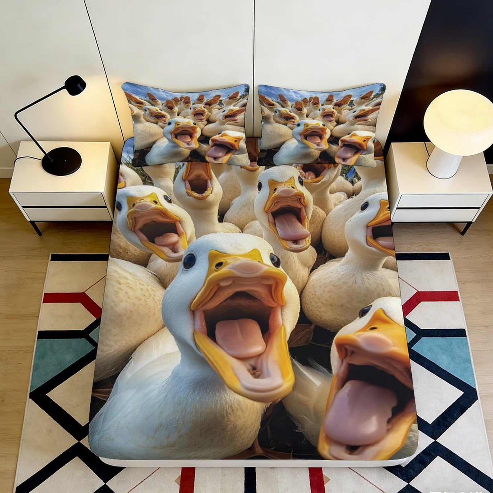 3D Printed Duck Fitted Sheet Microfiber Deep Pocket Non-Slip Bedroom Bedding Duck Mattress Fitted Cover Washable Full Wrap 200x200x25cm