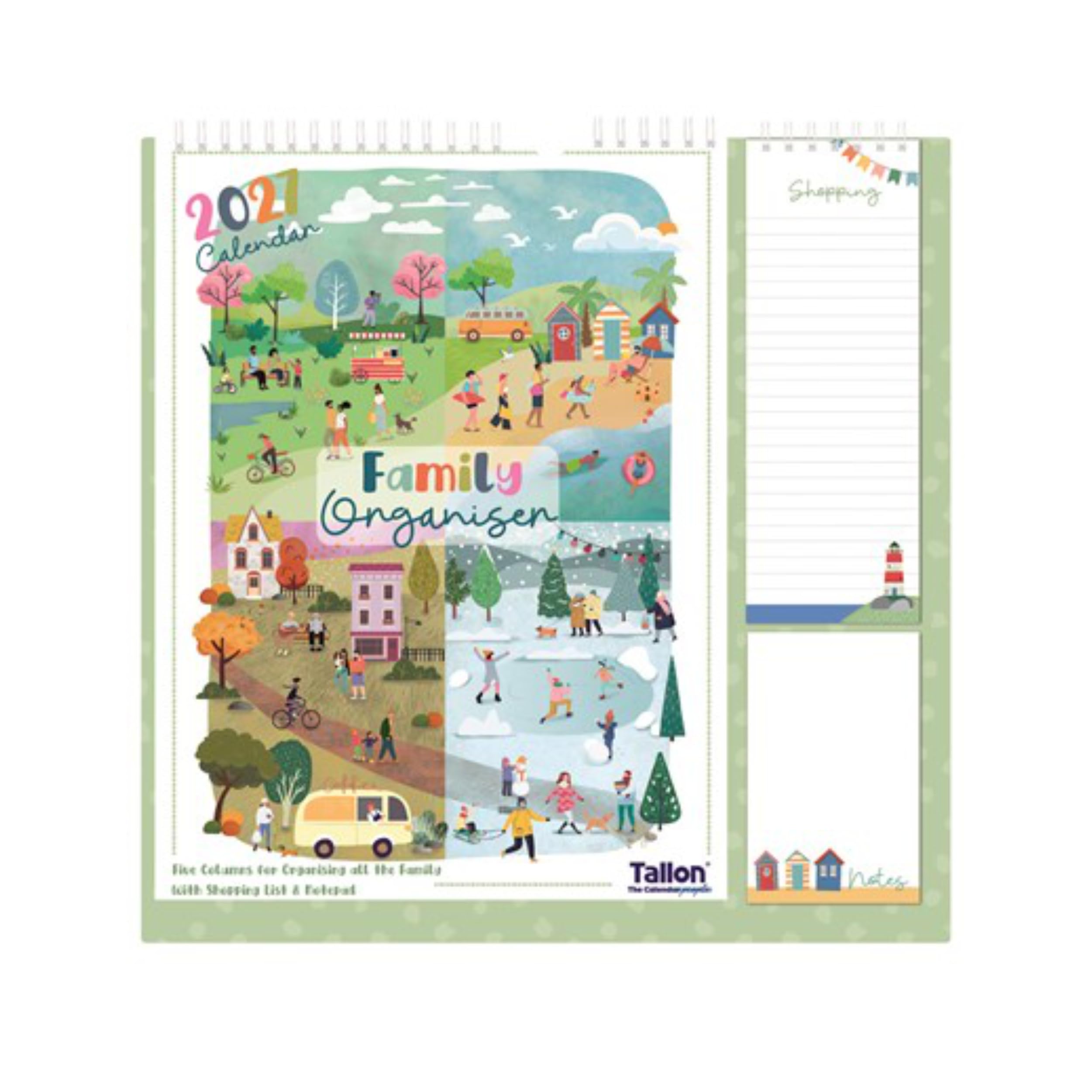 2027 Family Organiser Month to View Calendar, Hanging Memo Pad with Shopping List, Notepad, Five Columns for Organising Family Planner - TOWN (Design No. 1)