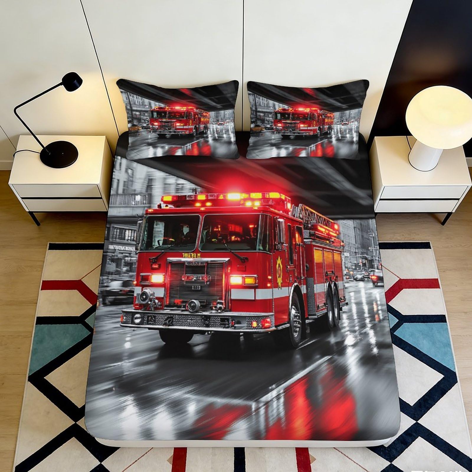 3D Printed Fire Truck City Night Fitted Sheet Microfiber Anti-Slip Bed Sheet for Bedroom Dorm Mattress Decor 90x200x25cm
