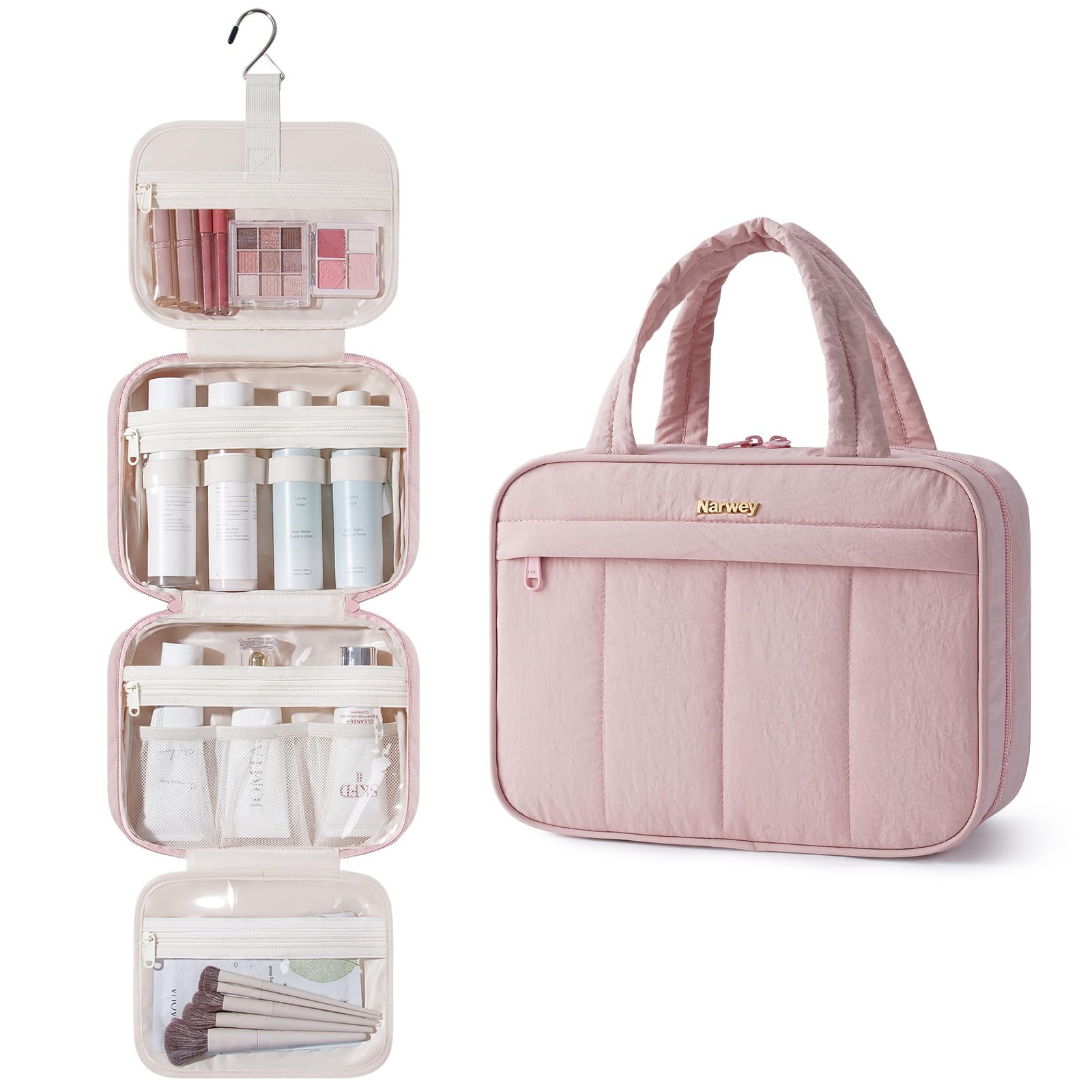 Narwey Kulturbeutel zum Aufhängen Damen, Kulturtasche Waschtasche Damen Kosmetiktasche Mädchen, Reise Essentials Accessoires Geschenke für Frauen (Rosa)