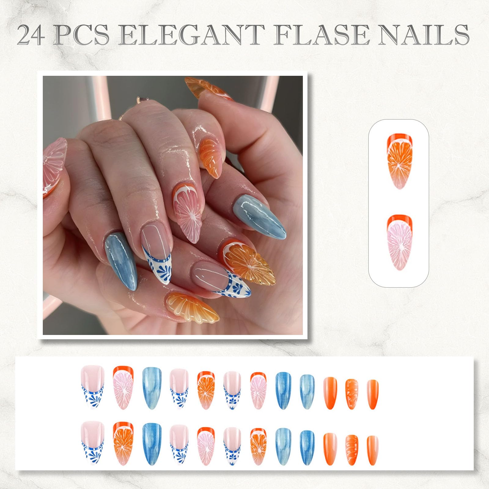 24PCS French Summer Press-On Nails with 3D Fruit & Floral Designs, Almond Shape Glossy Finish - Image 2