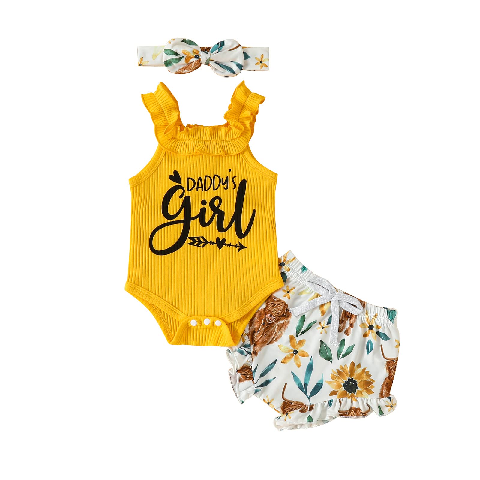 Newborn Baby Girl Summer Clothes Daddys Girl Ruffle Sleeveless Ribbed Knit Romper Tops Shorts Bloomers 3Pcs Outfits (Yellow-Cow Floral, 3-6 Months)