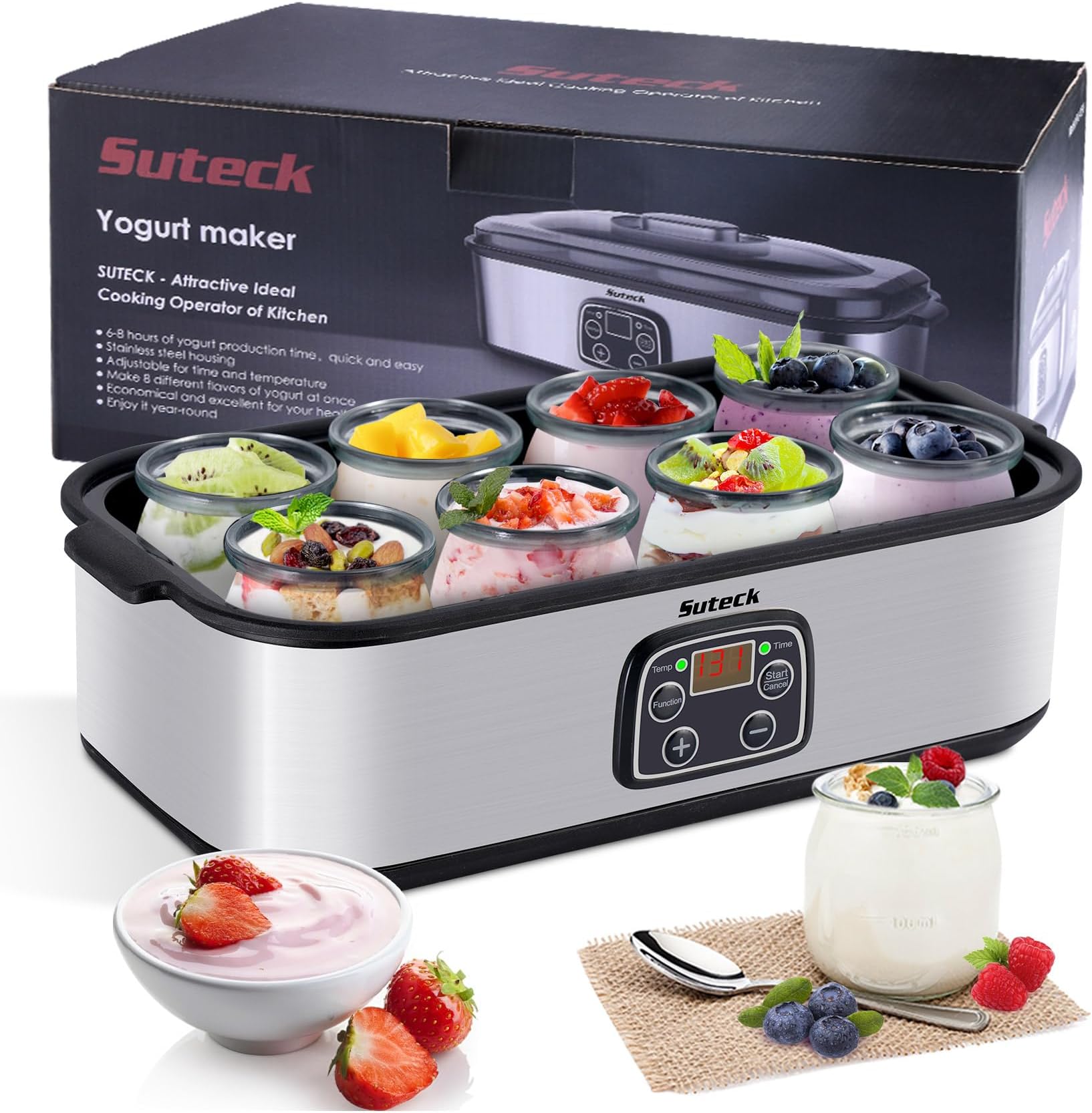 Yogurt Maker Automatic Digital Yoghurt Maker Machine with 8 Glass Greek Jars 48 Ozs (6Oz Each Jar) LCD Display with Constant Temperature Control Stainless Steel Design for Home Use