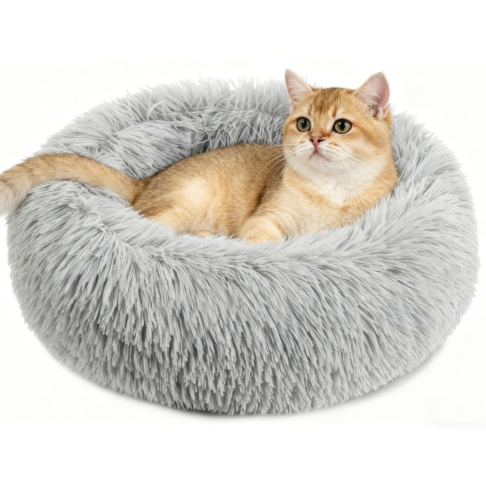 RAINFLOW Cat Bed - Calming Cat Bed for Small Kittens Donut Washable Round for Indoor Kittens and Puppies, Anti-Slip Round Fluffy Plush Faux Fur,