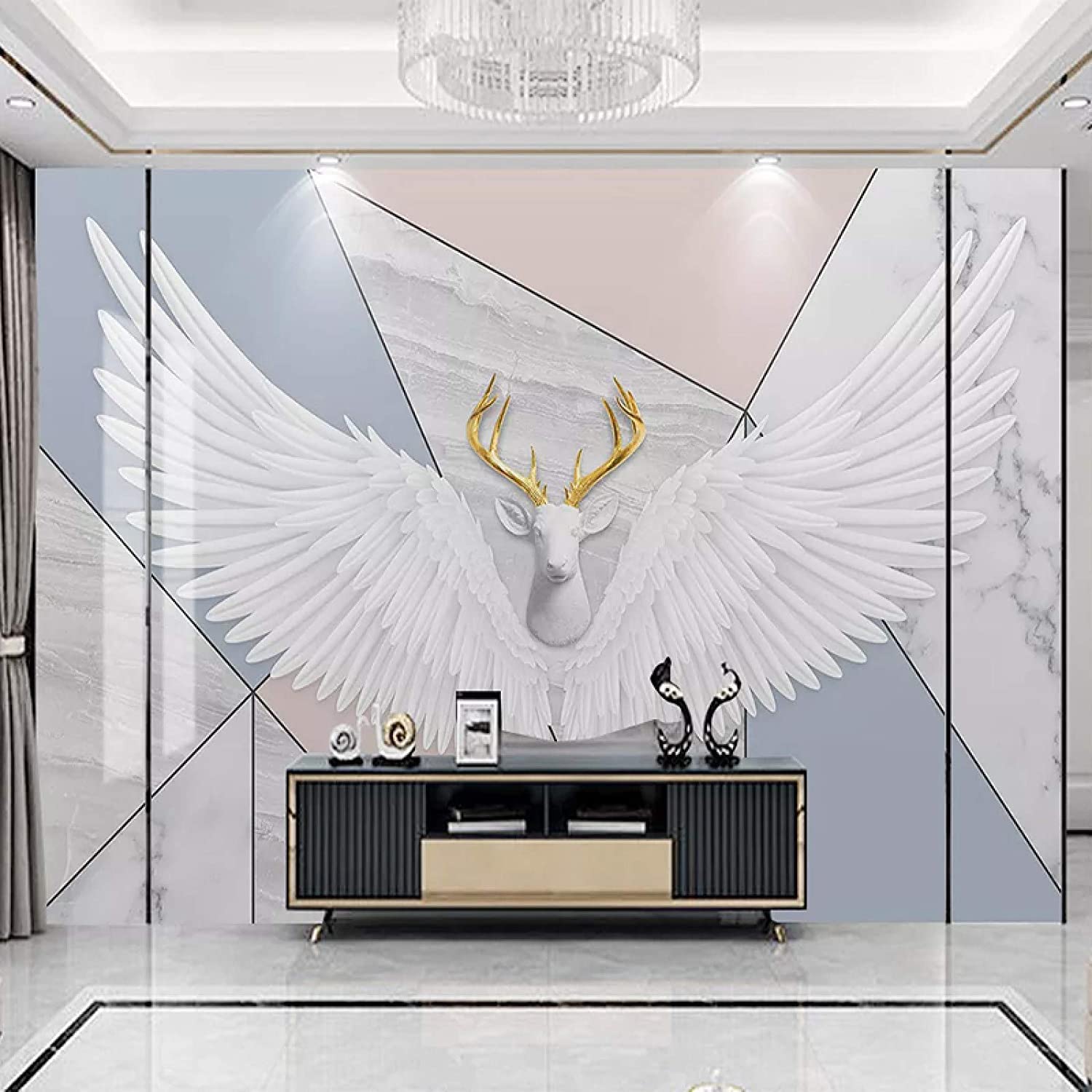 Alas De Plumas Geométricas De Textura De Mármol 3D Mural Wallpaper, Papel Pintado Autoadhesivo Extraíble Decoración De Pared Para Restaurante Hoteles Sala De Estar Moderna Decoración Del Hogar Cartel