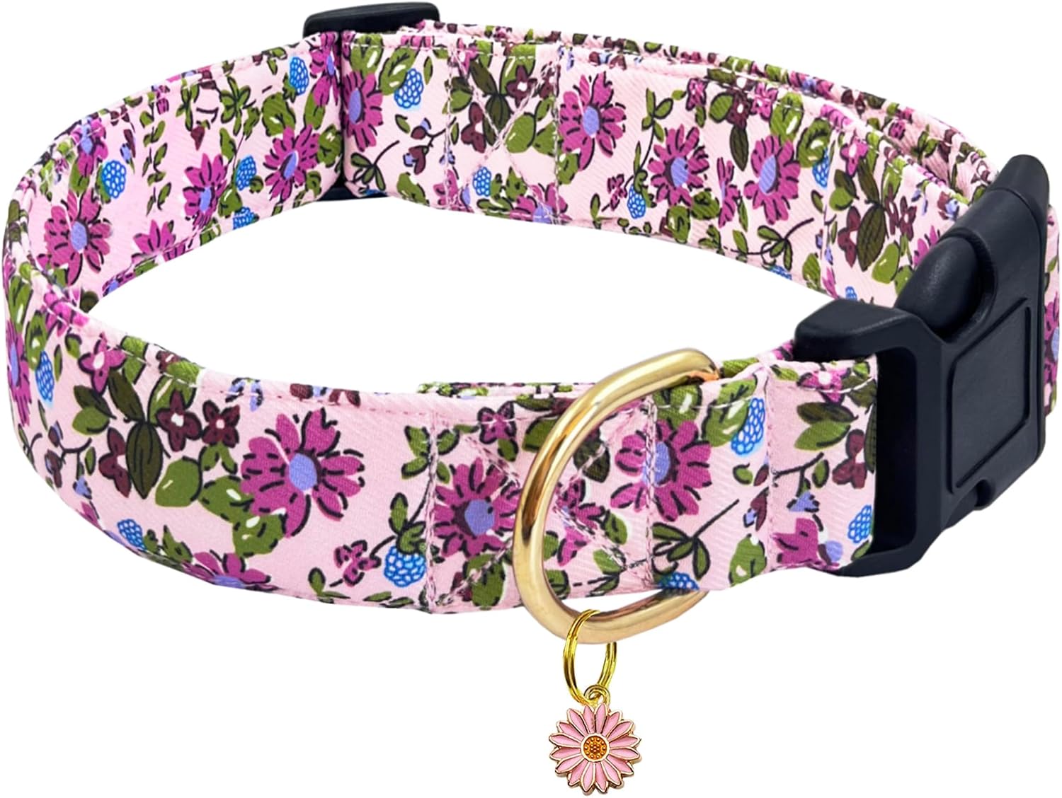 TEEMERRYCA Floral Print Dog Collar with Flower Charm – Durable Polyester Composite, Adjustable for Small Medium Large Breeds, Pets Gift (Dark Pink-M)