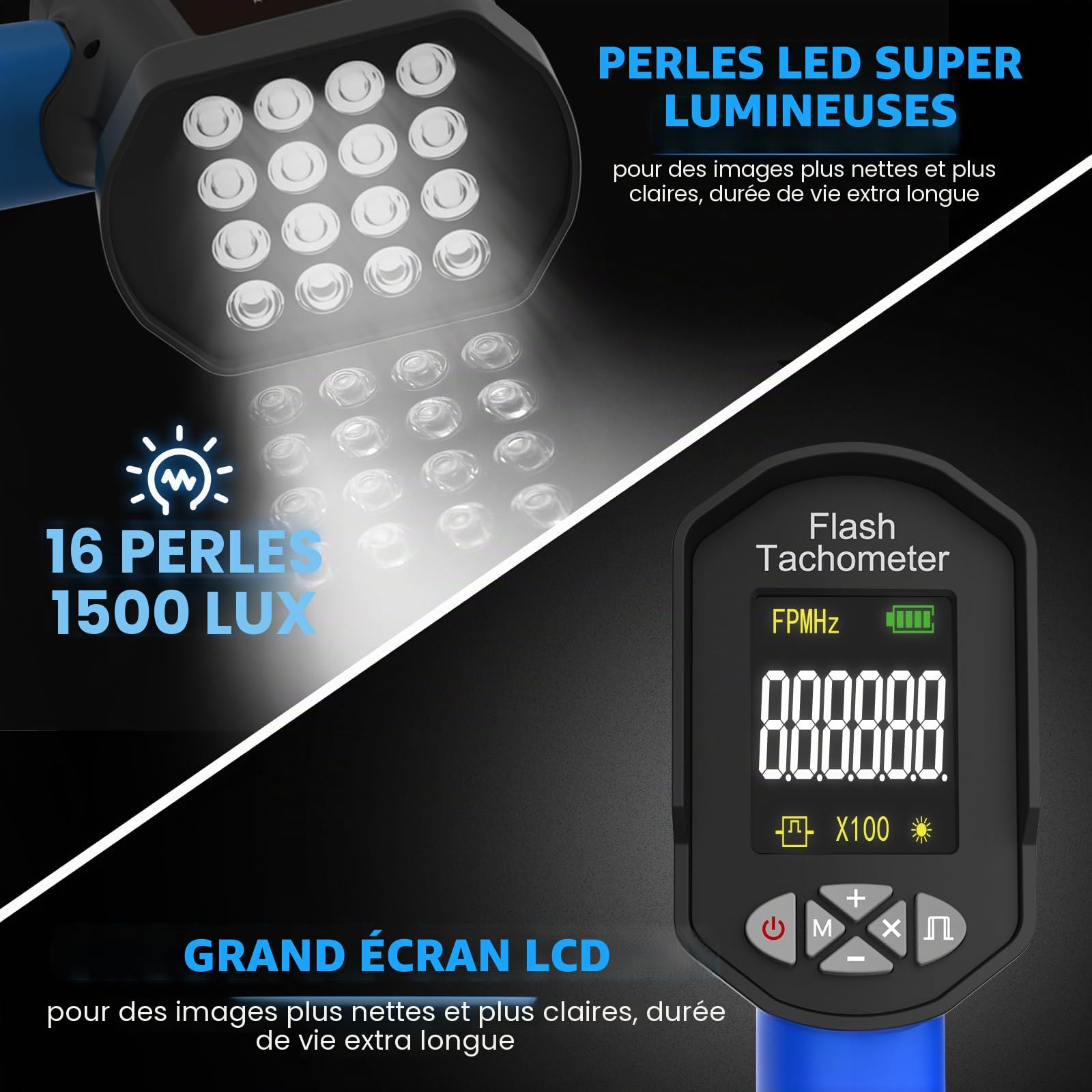 Stroboscope LED Numérique AIOMEST-Tachymètre Stroboscopique Professionnel 100 000 RPM Hz Haute Précision 0,001% - Sans Contact Strobe Tachometer avec Flash Réglable pour Régime Moteur, Ventilateur