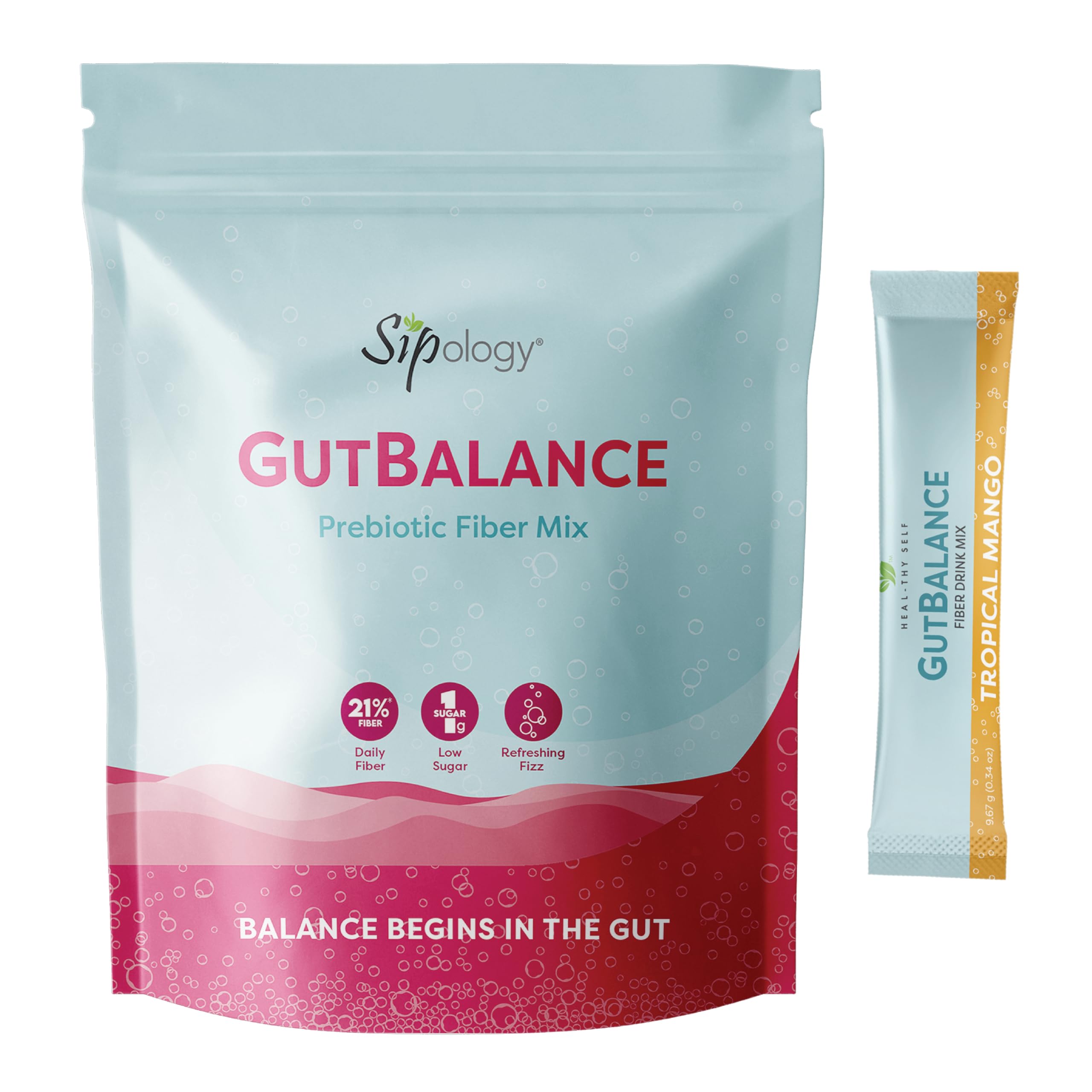 Sipology: GutBalance - Tropical Mango - 12 Stick Pack - Prebiotic Fiber Mix, Powder Drink, Promote Digestive Health, Organic Stevia, Plant Based-Vegan