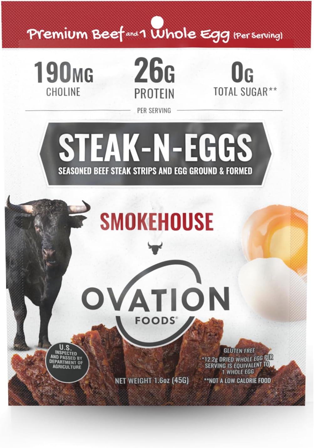 Steak-N-Eggs Beef Strips, Zero Sugar, High-Protein Jerky (26g premium protein), Gluten Free, KETO, 190 mg Choline, Paleo 1.6oz Bag - Smokehouse…
