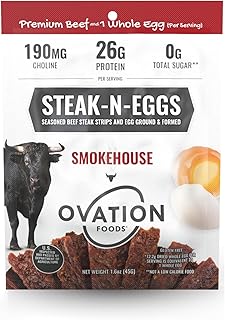 Ovation Foods Steak-N-Eggs Beef Strips, Zero Sugar, High-Protein Jerky (26g premium protein), Gluten Free, KETO, 190 mg Choline, Paleo 1.6oz Bag (4 count) - Smokehouse