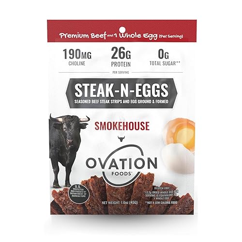Ovation Foods Steak-N-Eggs - Tiras de carne, cero azúcar, cecina alta en proteínas (0.92 oz de proteína premium), sin gluten, KETO, 190 mg de