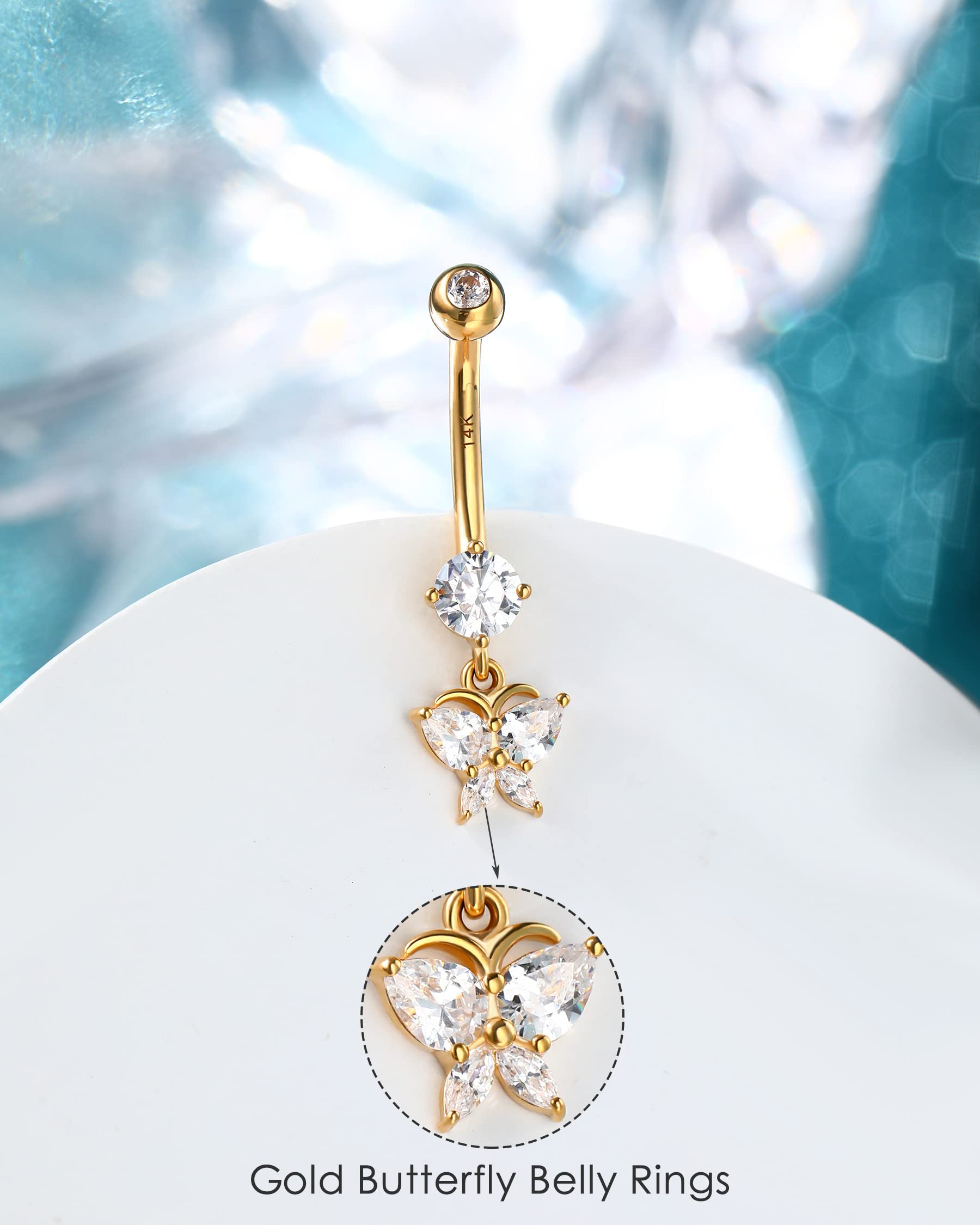 Melighting Piercing de ombligo de oro macizo de 14 quilates, con diseño de mariposa, con rosca externa, para mujer, Oro amarillo, Circonia cúbica