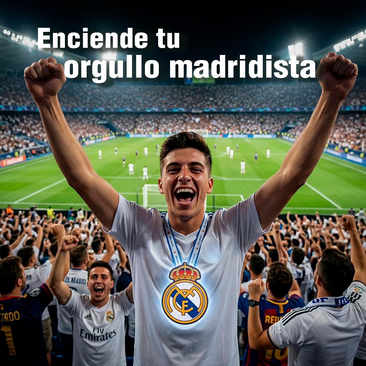 Escudo Luminoso Colgante con Lanyard, Producto Oficial, Real Madrid, Barça, Valencia F.C., Benfica, Batería Recargable, 3 Modos de Luz Electroluminiscente, para Hinchas del Fútbol