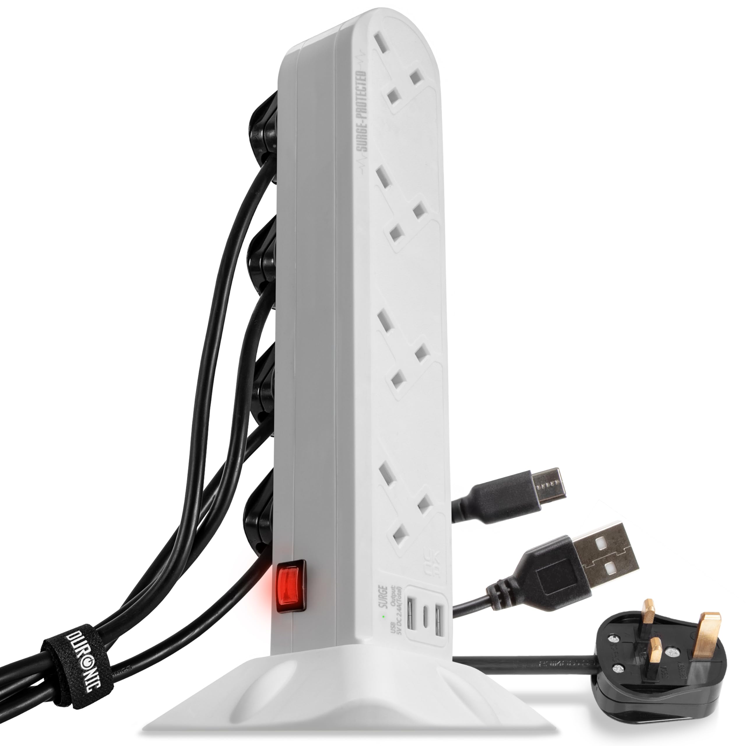 Duronic Surge Protected Extension Lead St8W White Tower With Usb Multiplug Adapter Cord For Uk Plugs 8 Way 2X Usb Slots 1X Usb-C from B&Q