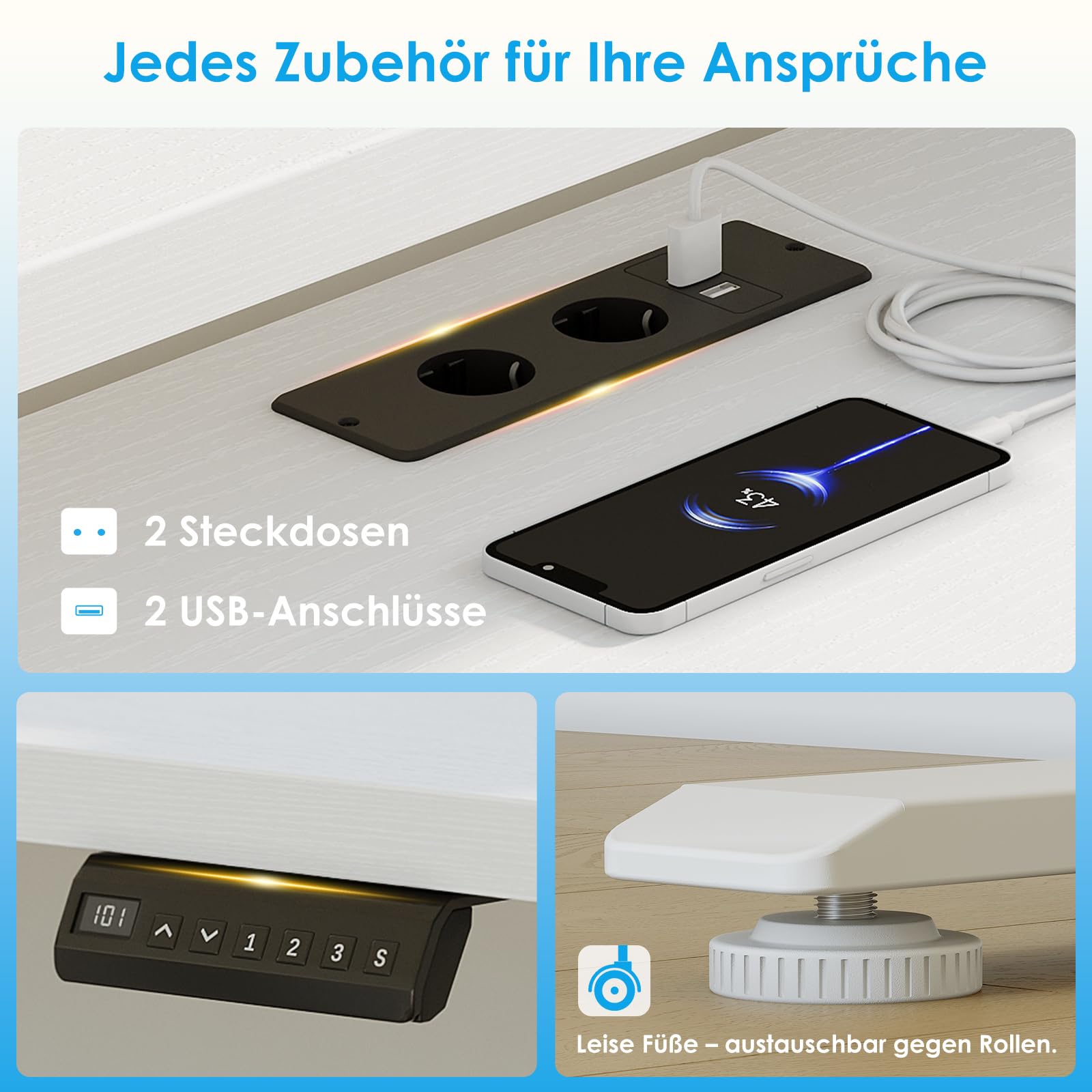 OffiGo Schreibtisch Höhenverstellbar, 150x120cm Eckschreibtisch Höhenverstellbar mit Monitorhalterung, Elektrisch Schreibtisch L Form mit Steckdosen, Computertisch mit LED Lichtleiste für Büro, Weiß