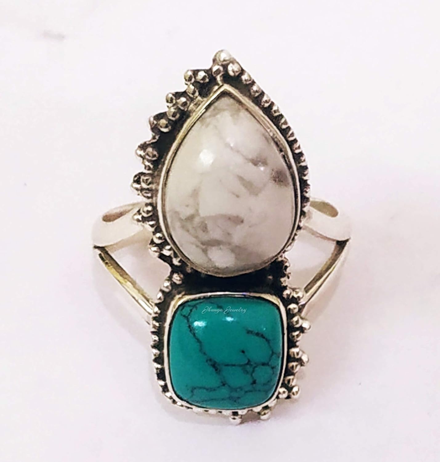 White Howlite Ring, Sterling Silver Ring, Antique Ring, Bohemian Ring, Turquoise Howlite Ring, Promise Ring, Buffalo Ring, Bridesmaids Gift, Healing Crystal, Gypsy Ring, Vintage Style, Two Stone Ring