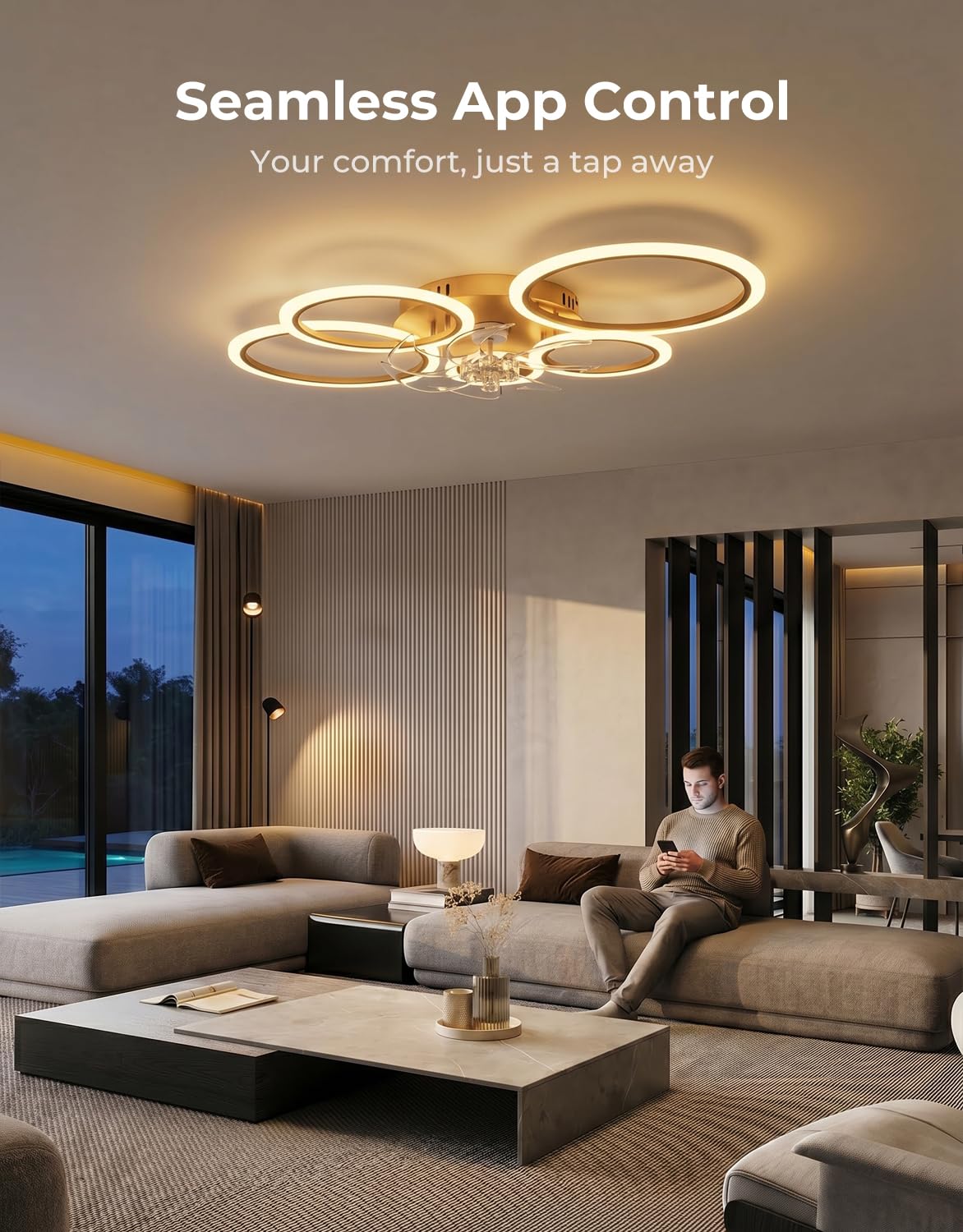 Plafoniera con Ventilatore da Soffitto, Anelli Lampadario Led con Ventilatore da Soffitto, Dimmerabile, Motore DC, Modalità Estate Inverno, Ventola Soffitto con Luce e Telecomando, Oro