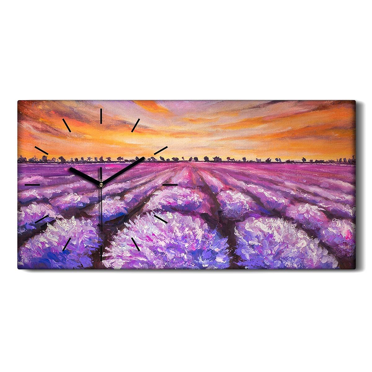 Horloge sur Toile 60x30cm Coucher de Soleil Lavande Silencieuse
