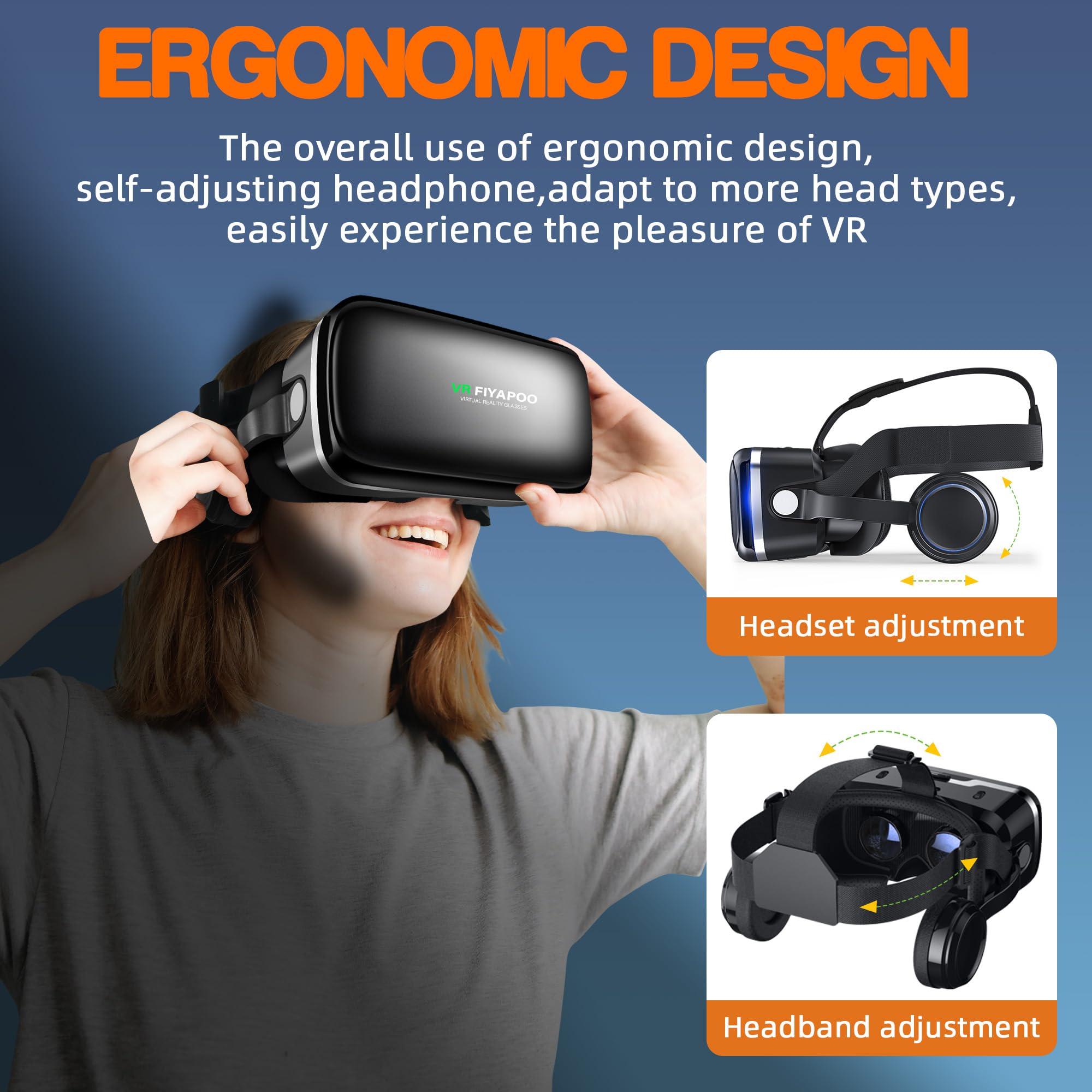 Zestaw słuchawkowy VR ze słuchawkami, zestaw słuchawkowy FIYAPOO z wirtualną rzeczywistością, gogle 3D, VR, okulary do filmów 3D, gier wideo, kompatybilne ze smartfonami iPhone z systemem Android 4,7