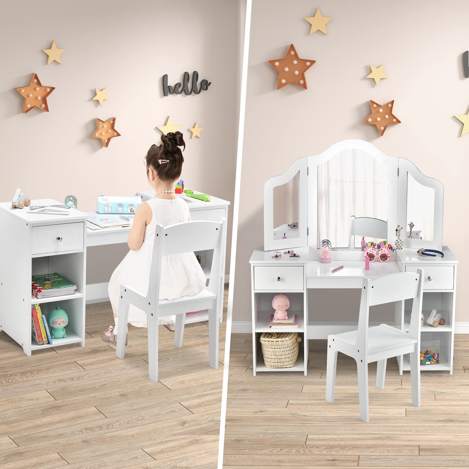 2-in-1 Princess Makeup Vanity Table With Stool - Wooden Dressing Table For Toddler Girls With Mirror