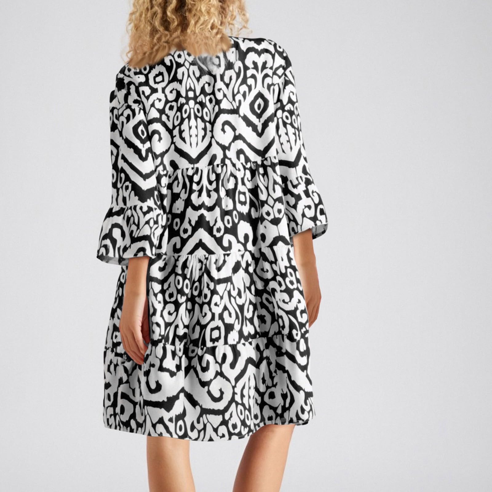 Boho-Kleid Damen Sommer 3/4 Ärmel Sommerkleid Damen Knielang A Linie Rüschen Bohemian Kleider Elegant Sommerkleider Leicht Und Luftig Blusenkleid V Ausschnitt Mit Knöpfen Strandkleid Frauen