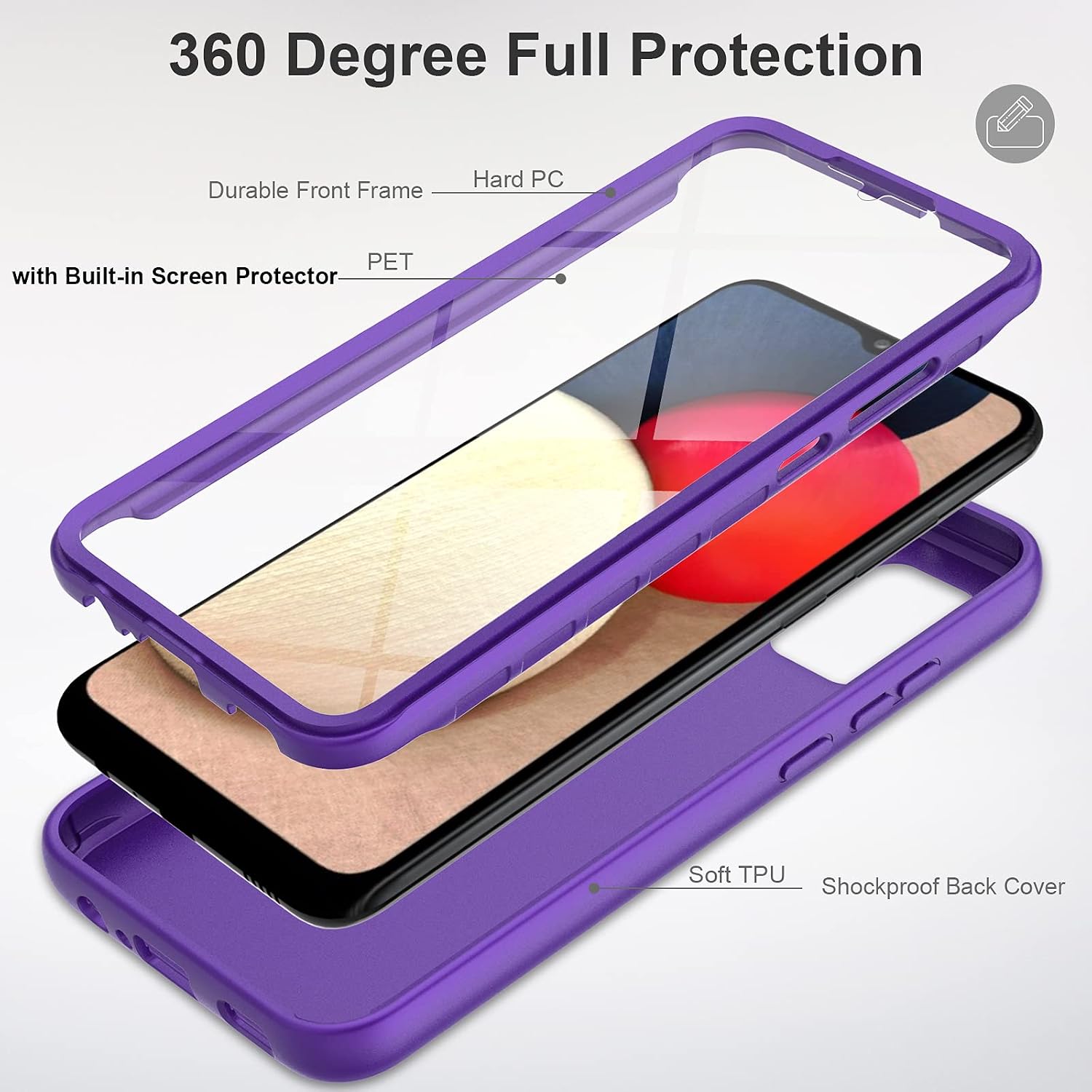 V/A for Samsung Galaxy A02s Case with Built-in Screen Protector, Full Body Protection Shockproof Cover Case, [Rugged PC Front Bumper + Soft TPU Back Cover] Armor Protective Phone Case (Purple)