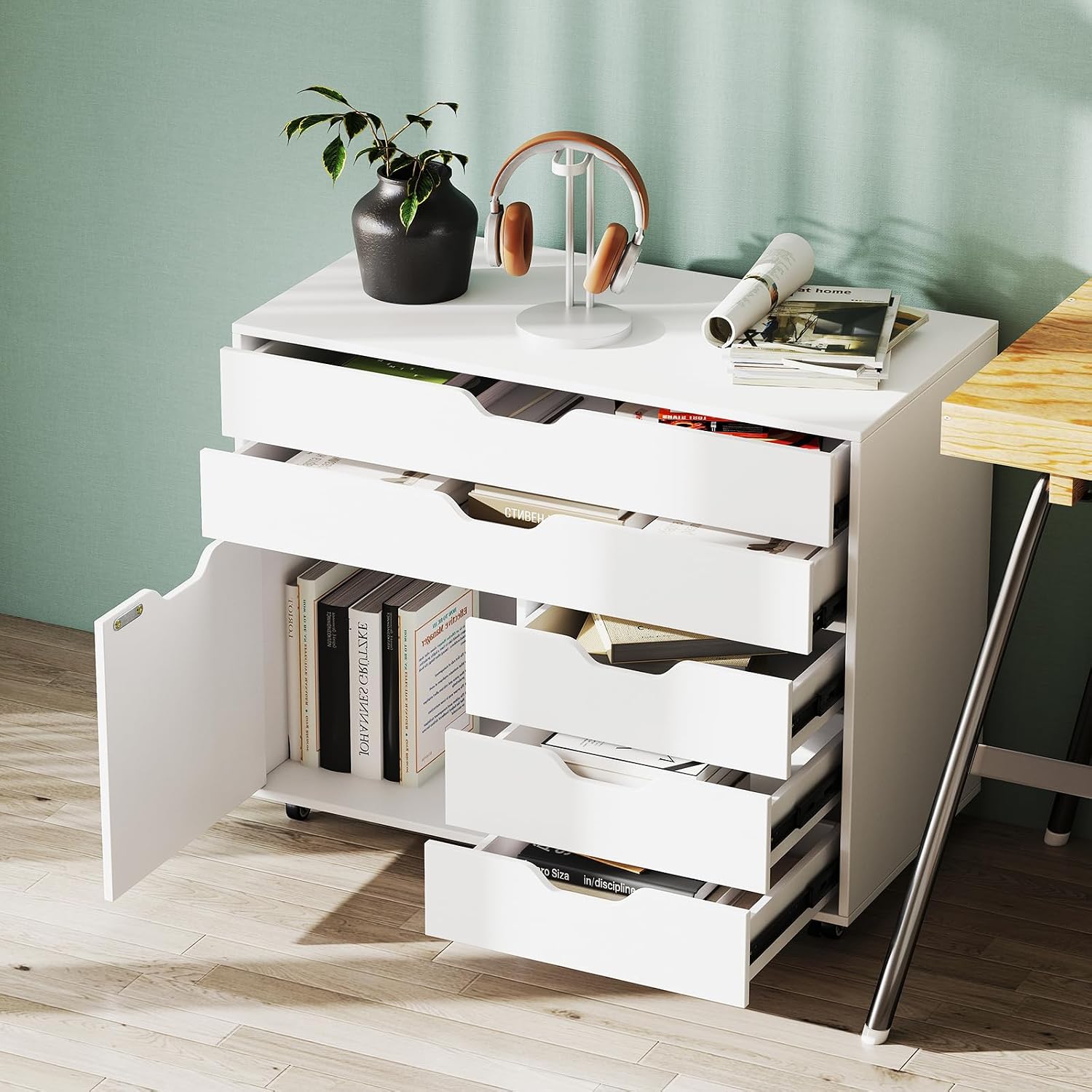 GOFLAME 5-Drawer Mobile File Cabinet, Rolling Lateral Filing Cabinet with Drawers and Storage Compartment, Modern Printer Stand with Wheels for Living Room, Study, Home Office, White