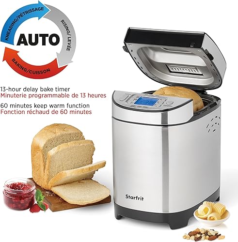 Miniatura 5 de Starfrit Máquina eléctrica para hacer pan, mocasines de 2 libras, sartén extraíble antiadherente, dispensador automático de tuercas, 13 programas