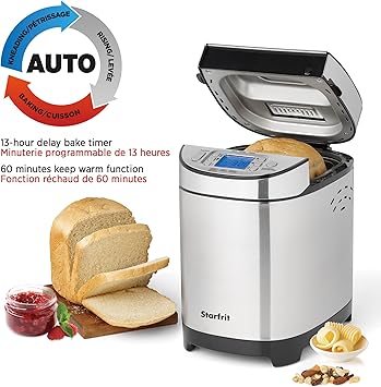 Starfrit Electric Bread Maker - 2lb Loafs - Non-Stick Removable Pan - Automatic Nut Dispenser - 13 Preset Programs - 550W