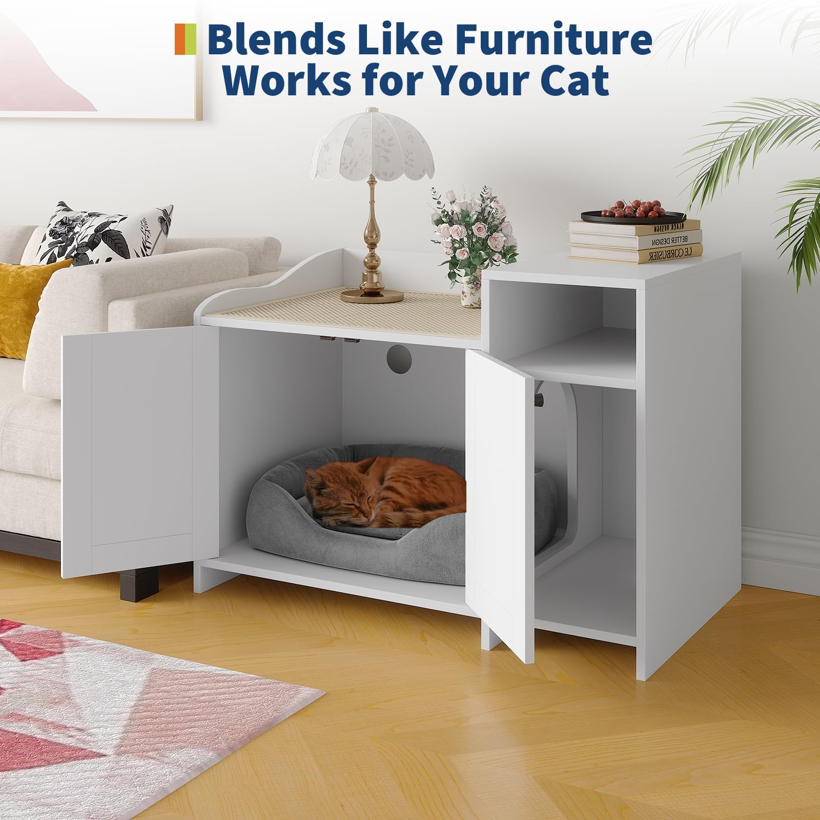 Garvee Katzenklo Schrank Holz, hundesicher mit Tür und Stauraum | Verstecktes Katzenklo-Möbel aus Holz mit Tür, Stauraum und Beistelltisch-Design für Katzenzubehör in Weiß.