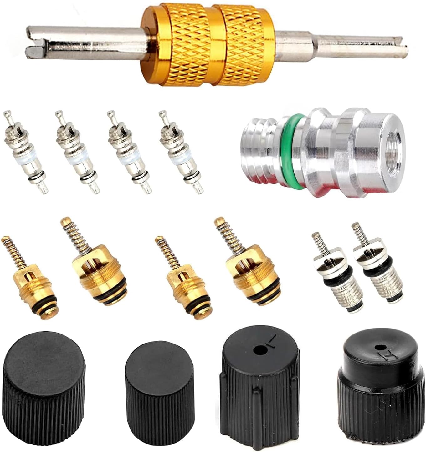 Air Conditioning Valve Core Kit, AC High & Low Pressure Port Caps, Car AC Refrigeration Valve Stem Cores, Automobile Air Conditioning System Repair Kit, Universal for Most Cars