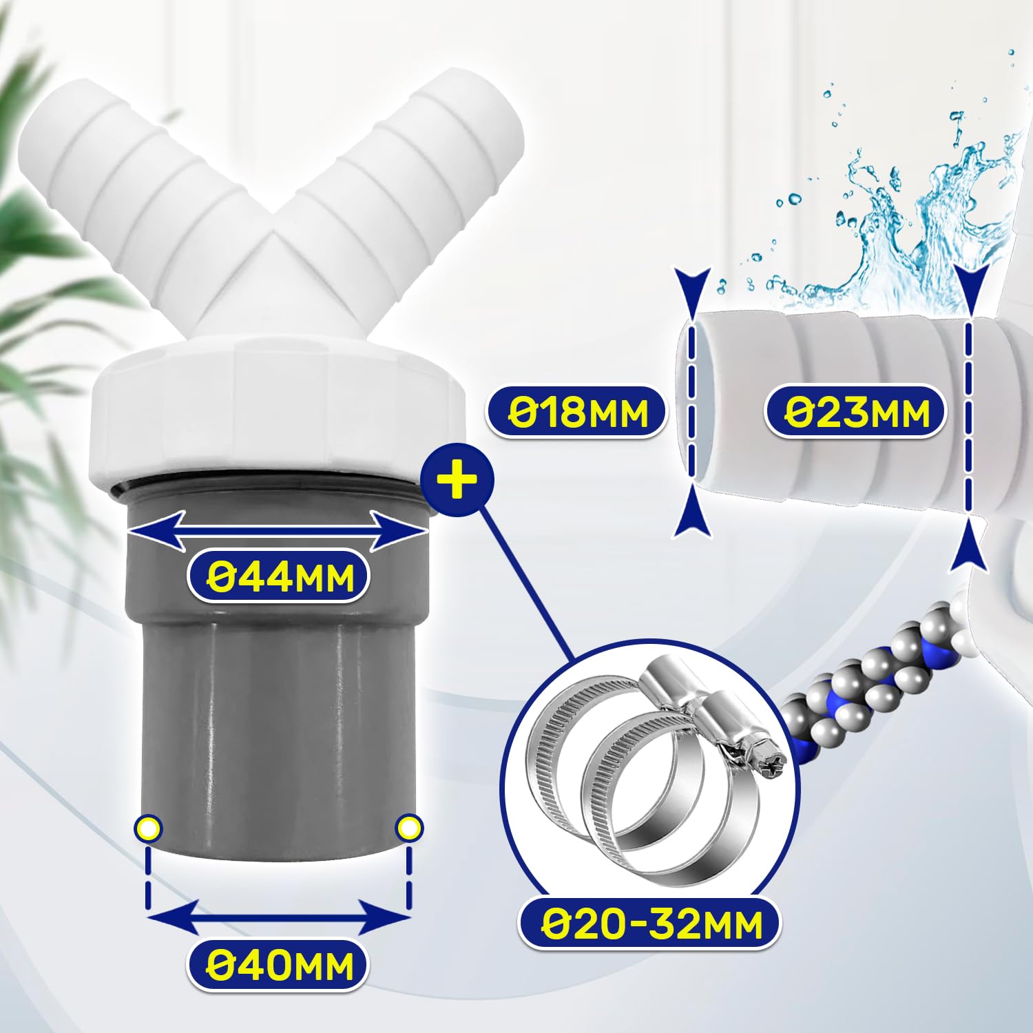 Adaptador Empalme Desague Lavadora con Salida para Tubo Ø40 mm y Entrada Ø18-23 mm - Doble Pipeta Desague en Y para Lavavajillas - Kit Incluye 2 Piezas de Abrazaderas Ø20-32 mm - MONTERAL — view 2