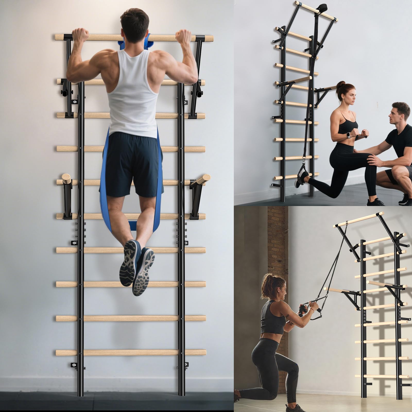 Barra de dominadas y barra de inmersión – 220 cm de madera de haya para montar en la pared – Carga máxima de 250 kg – Para entrenamiento de fuerza, calistenia y rehabilitación para adultos y niños