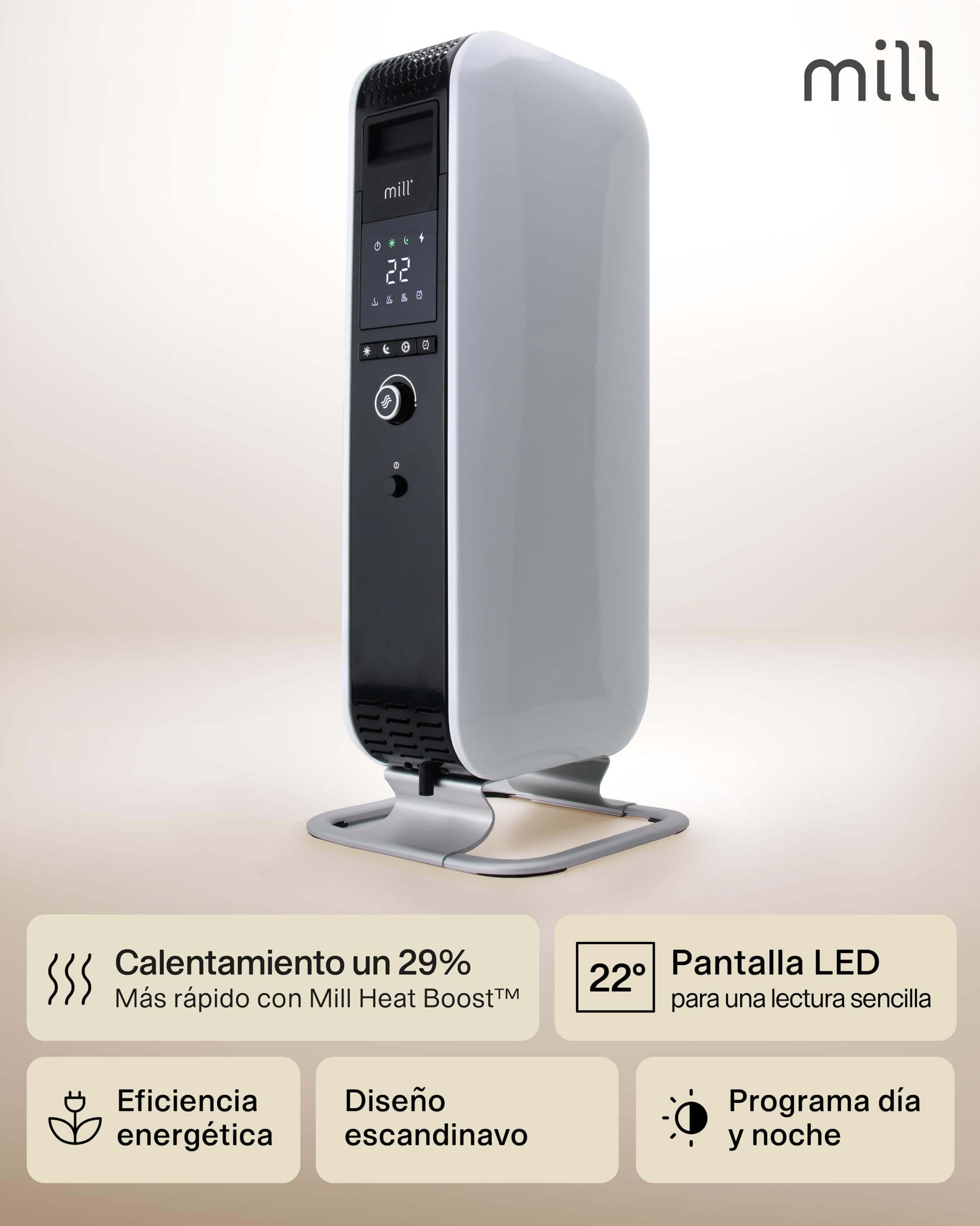 Mill Radiador de Aceite 1500 W, Radiador Eléctrico hasta 22 m², Calefactor Bajo Consumo Silencioso y Seguro, Programa Día y Noche, Radiador de Pie de Diseño Elegante, Diseñado en Noruega