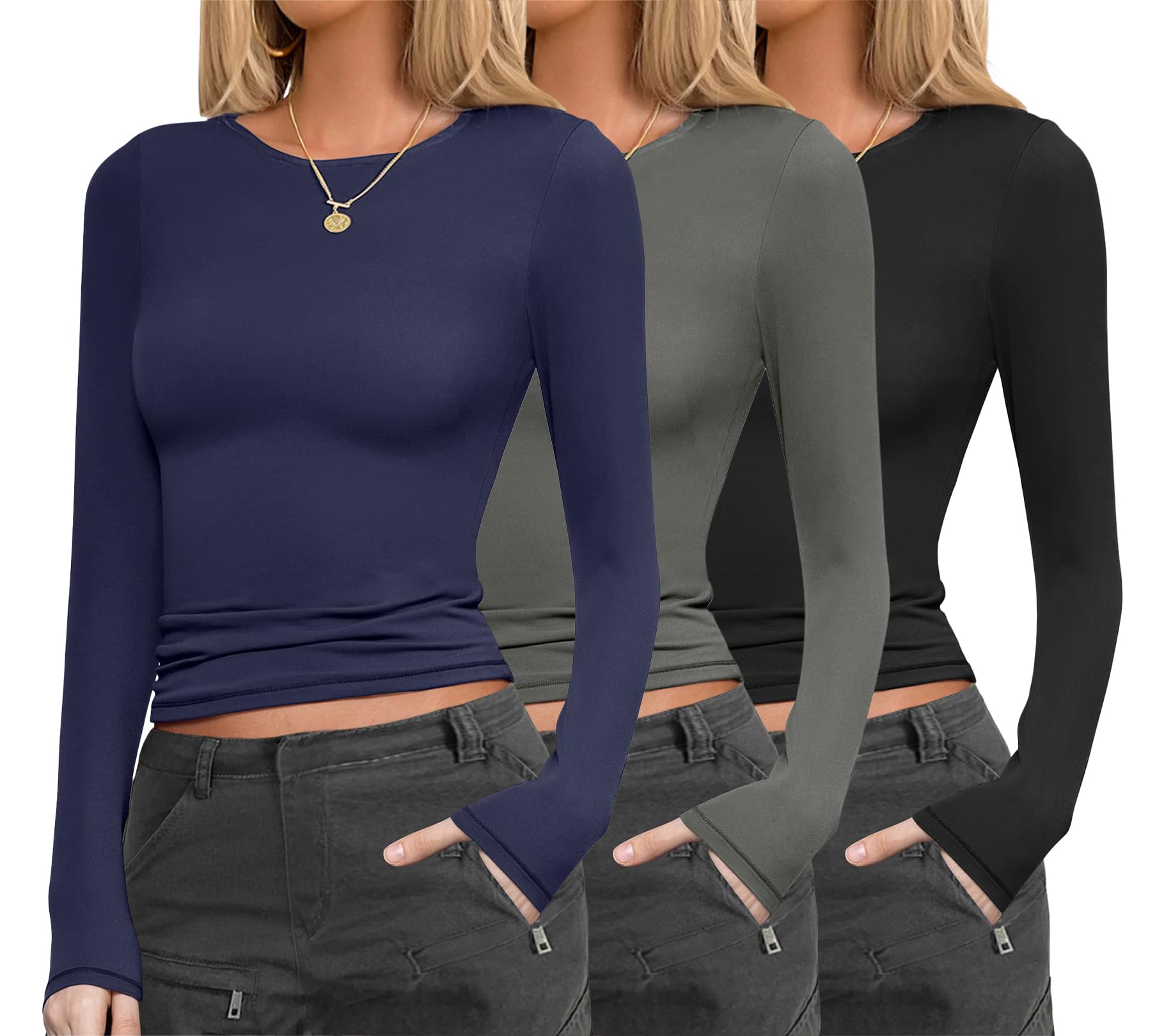 Ekouaer Womens 3 Pack Long Sleeve Shirts Fitted Tops Underscrub Undershirt