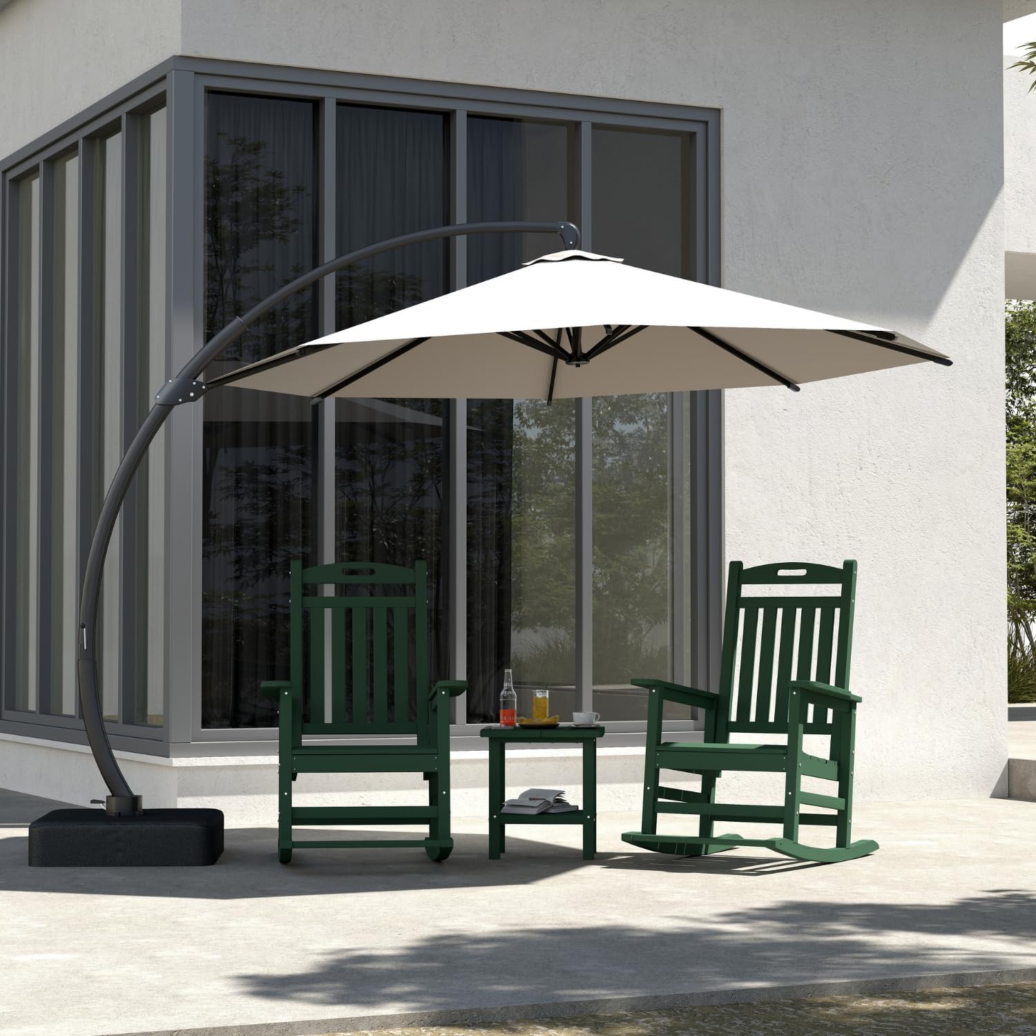 Classic Outdoor Rocking Chair Set with Side Table & 11FT Cantilever Umbrella, 4-Piece HDPE Rocking Lawn Chairs, All-Weather Porch Rocker Furniture for Patio, Deck, Garden (Navy Blue)