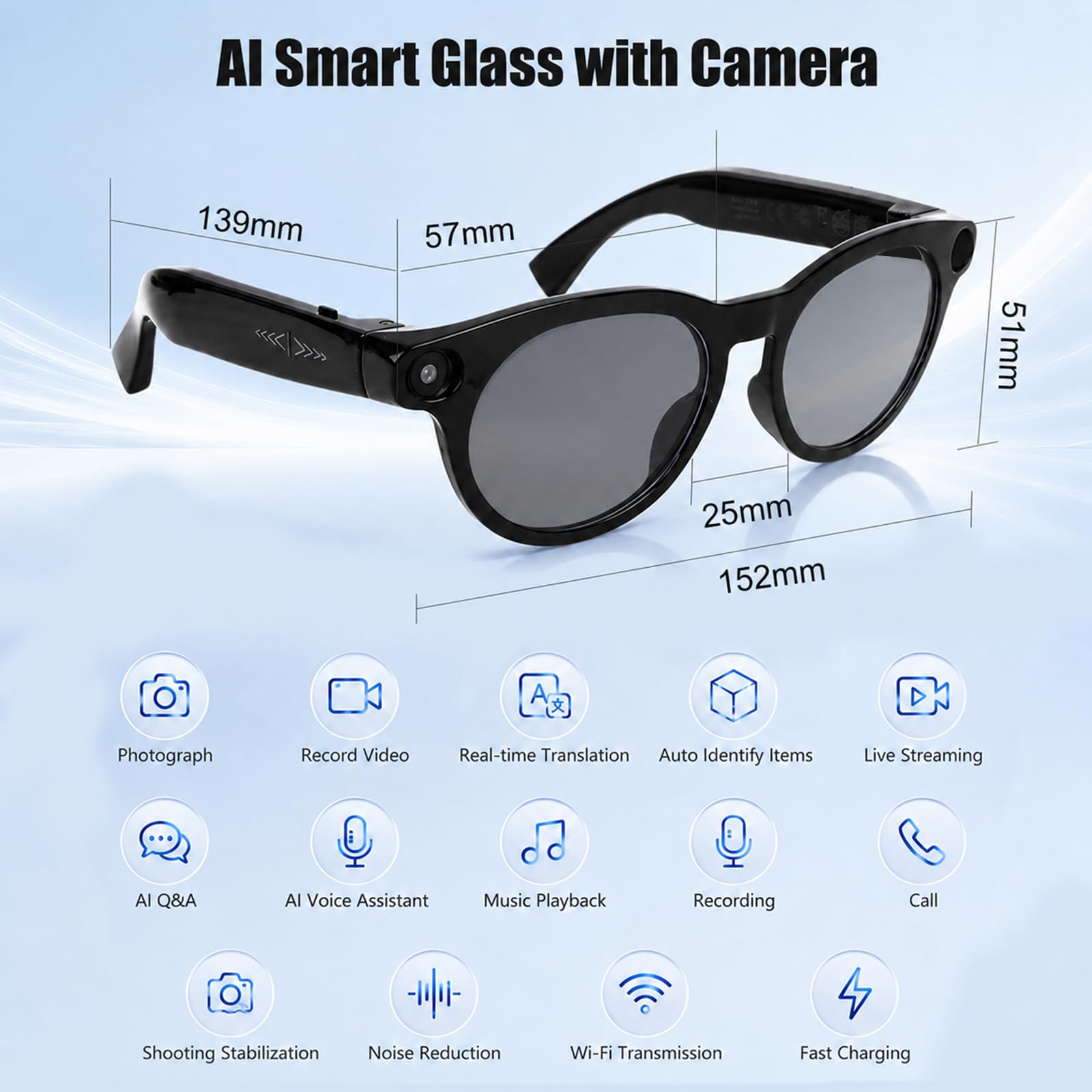 AI Smart Brille mit Kamera 800W HD, 164 Sprachübersetzungsbrille für Herren Damen, 1080P Videoaufnahme, Objekterkennung, Bluetooth, Open-Ear Audio, Sprachassistent (Schwarz2)