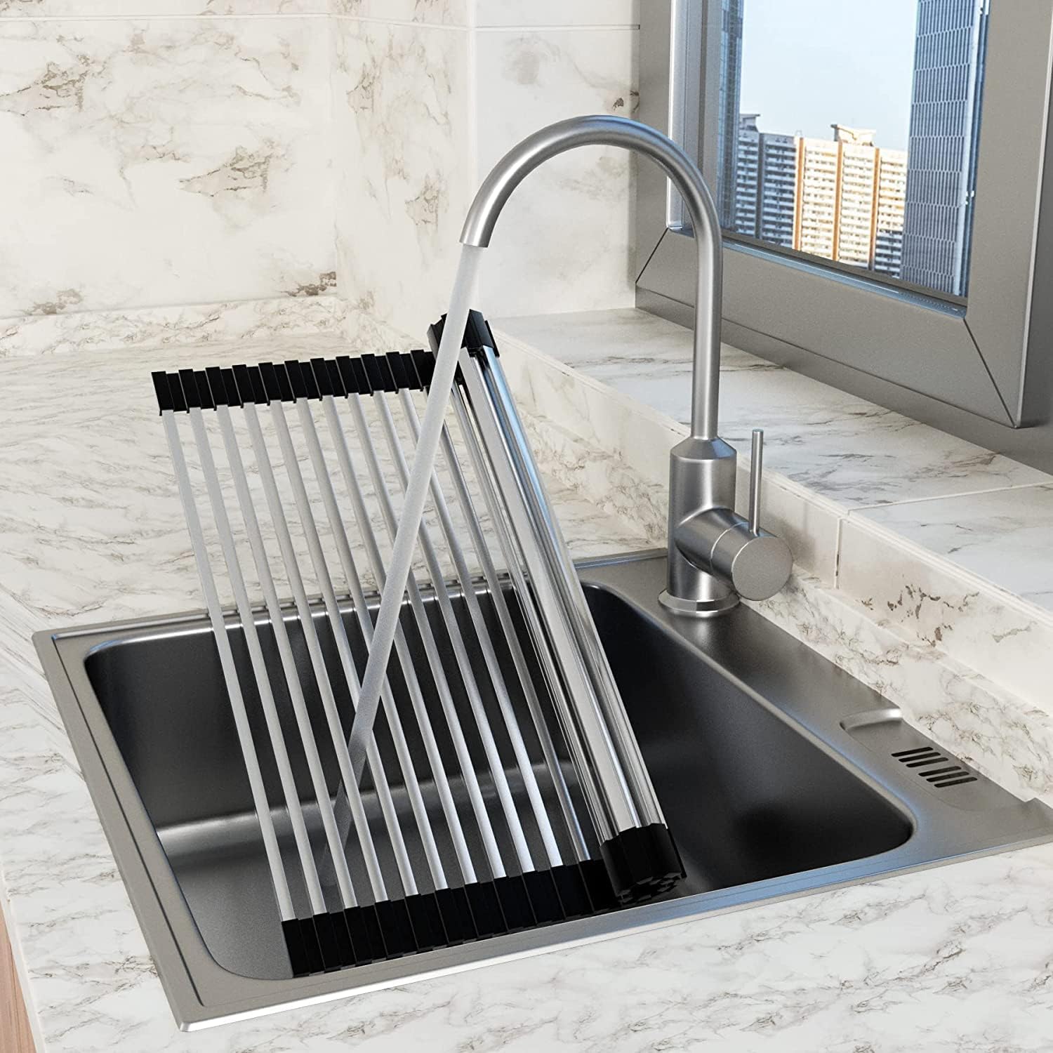 Hibbent Roll Up Dish Drying Rack, Over The Sink Dish Drying Rack, Compact Kitchen Roll up Sink Plate Drying Rack, Portable Dish Rack Dish Drainer, Foldable Stainless Steel Dish Rack (17.5'' x 13'')
