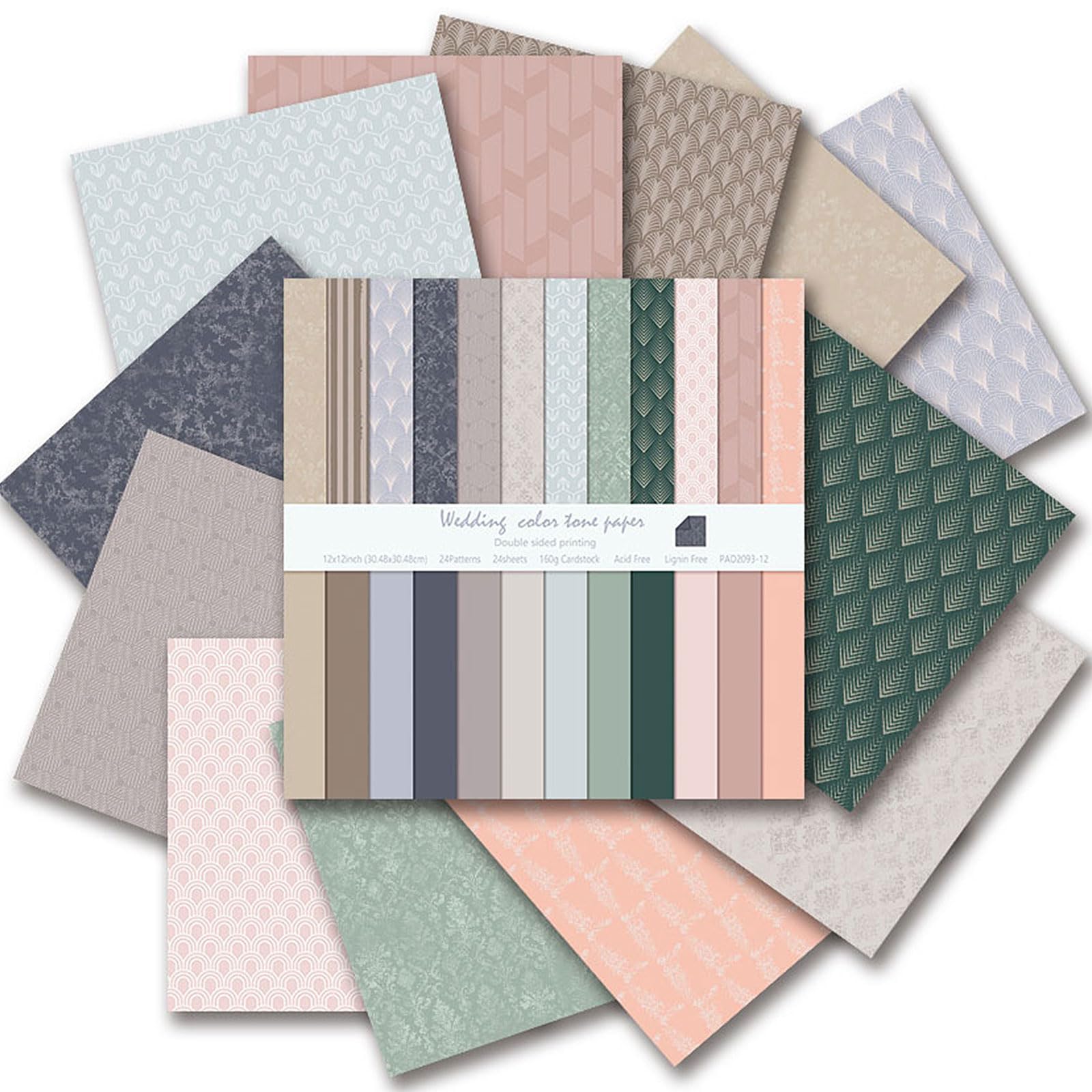 24 Sheet Boho Scrapbook Paper, 12 x 12 in Craft Paper, Wedding Color
