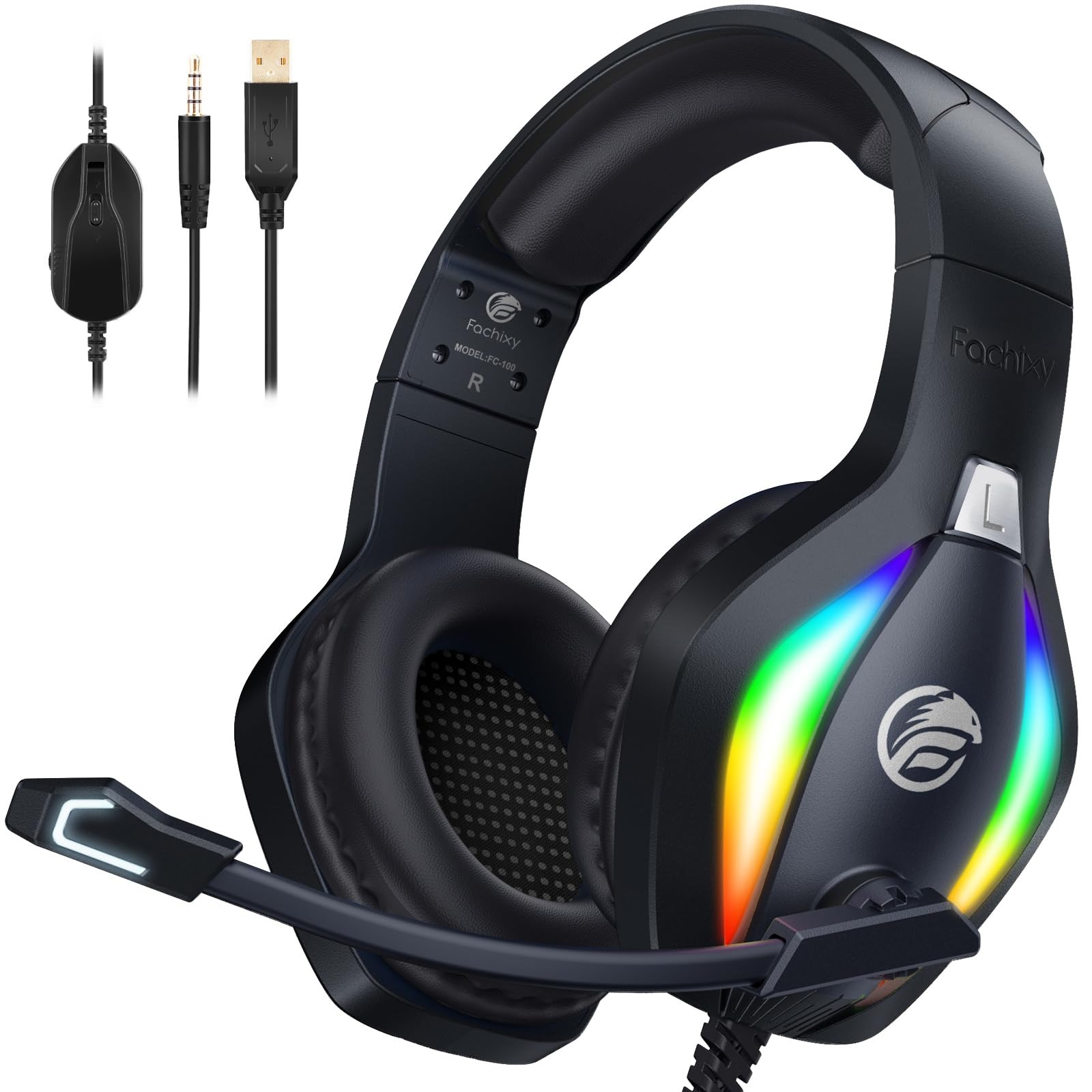 Fachixy FC100 Casque Gaming pour PC, PS4, PS5, Xbox, Mac, Nintendo Switch, Casque Gamer PS4 avec Lumière RVB, Casque PS5 avec Micro, Casque Antibruit avec Prise Jack 3,5 MM - Noir