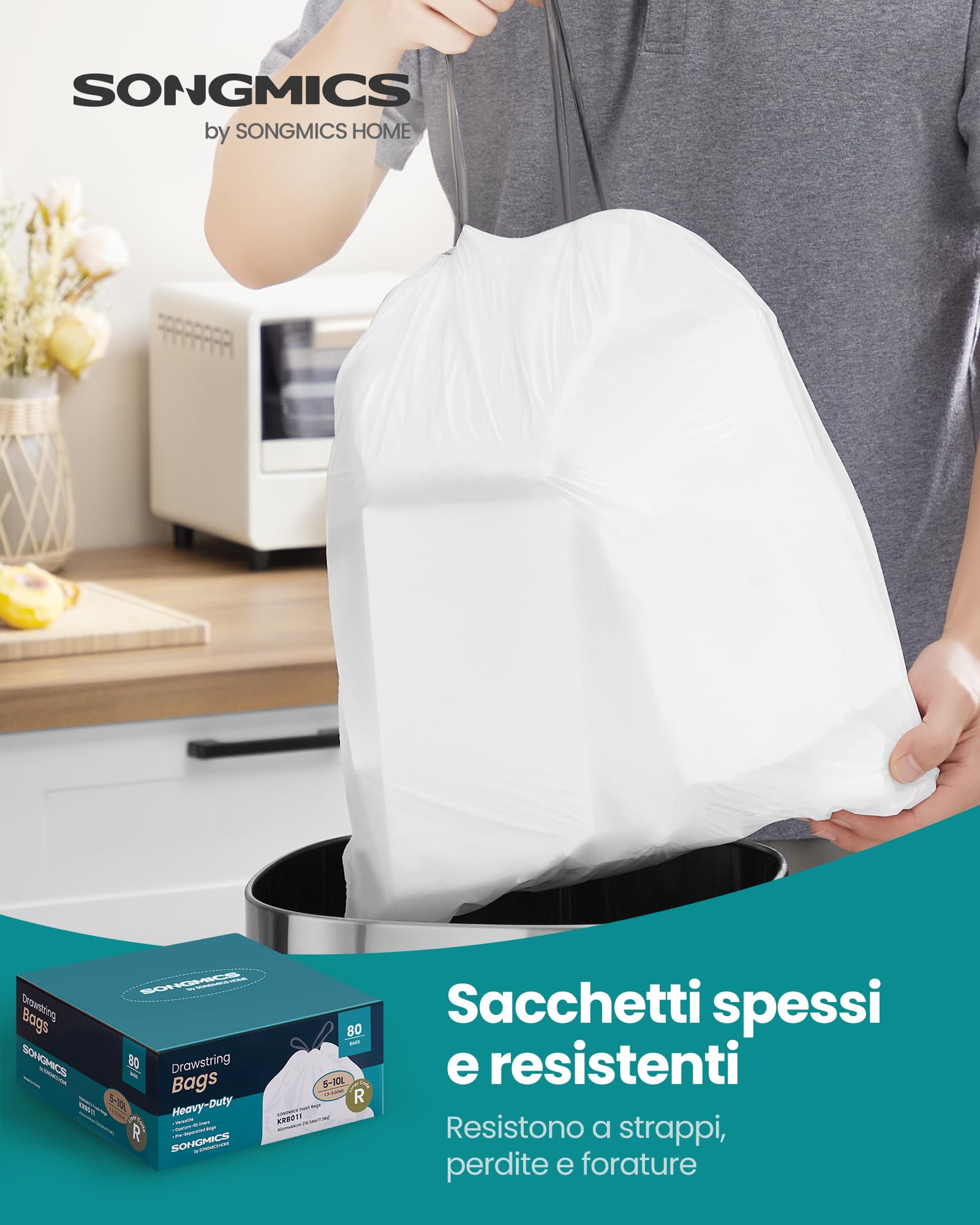 SONGMICS Sacchi Spazzatura, 10 L, Sacchetti per Immondizia Rifiuti con Manici a Cordoncino, 80 Pezzi, Codice R, Resistenti, Scatola per Estrazione Rapida, Bianco Crema KRB011A02