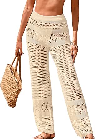 Womens Crochet Knit Elastic Waist Swimsuit Coverup Summer Striped Beach